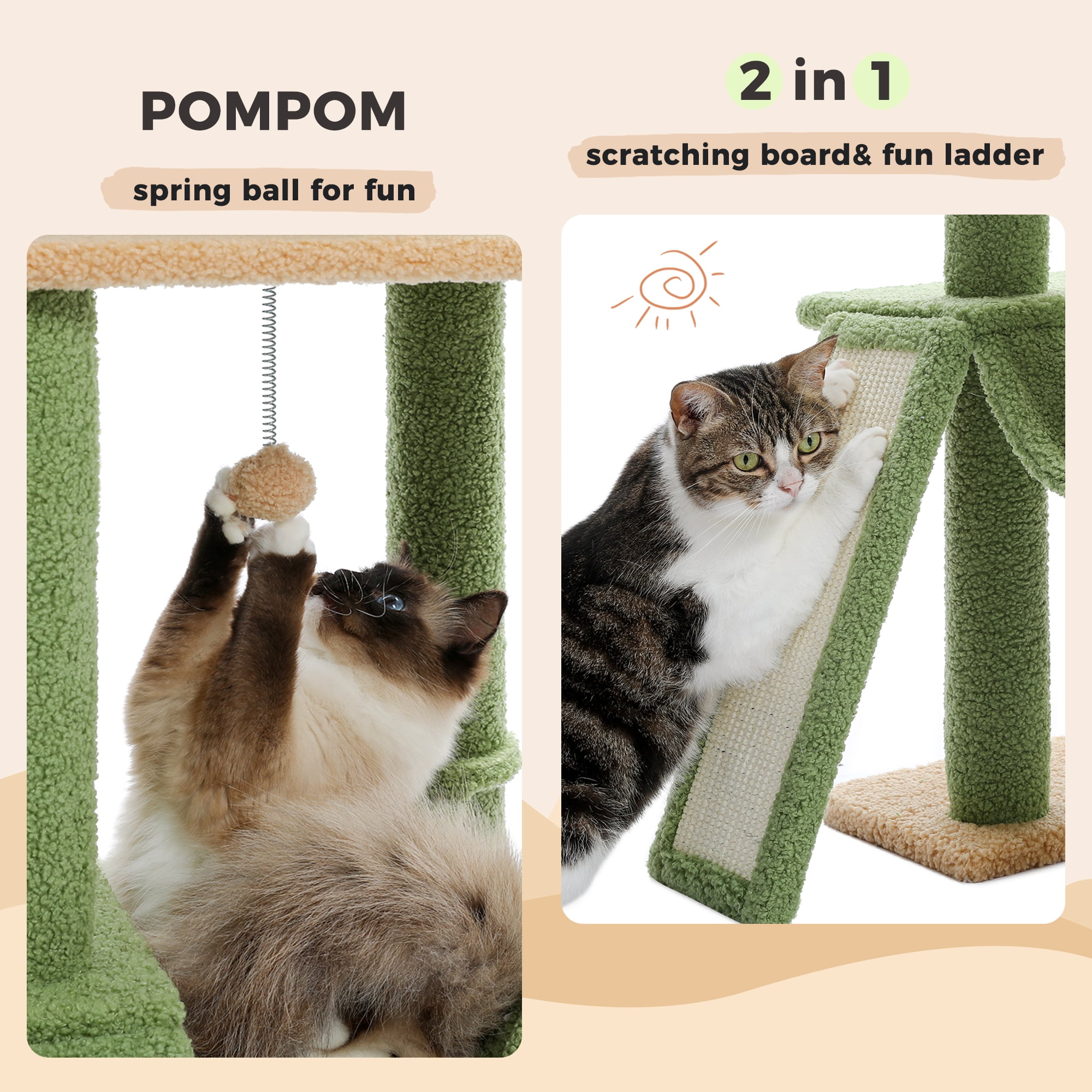 PAWZ Road 85-112" Cactus Cat Tree Floor to Ceiling Adjustable Climbing Cat Tower Scratching Post 2-Hammocks, Green - Image 6