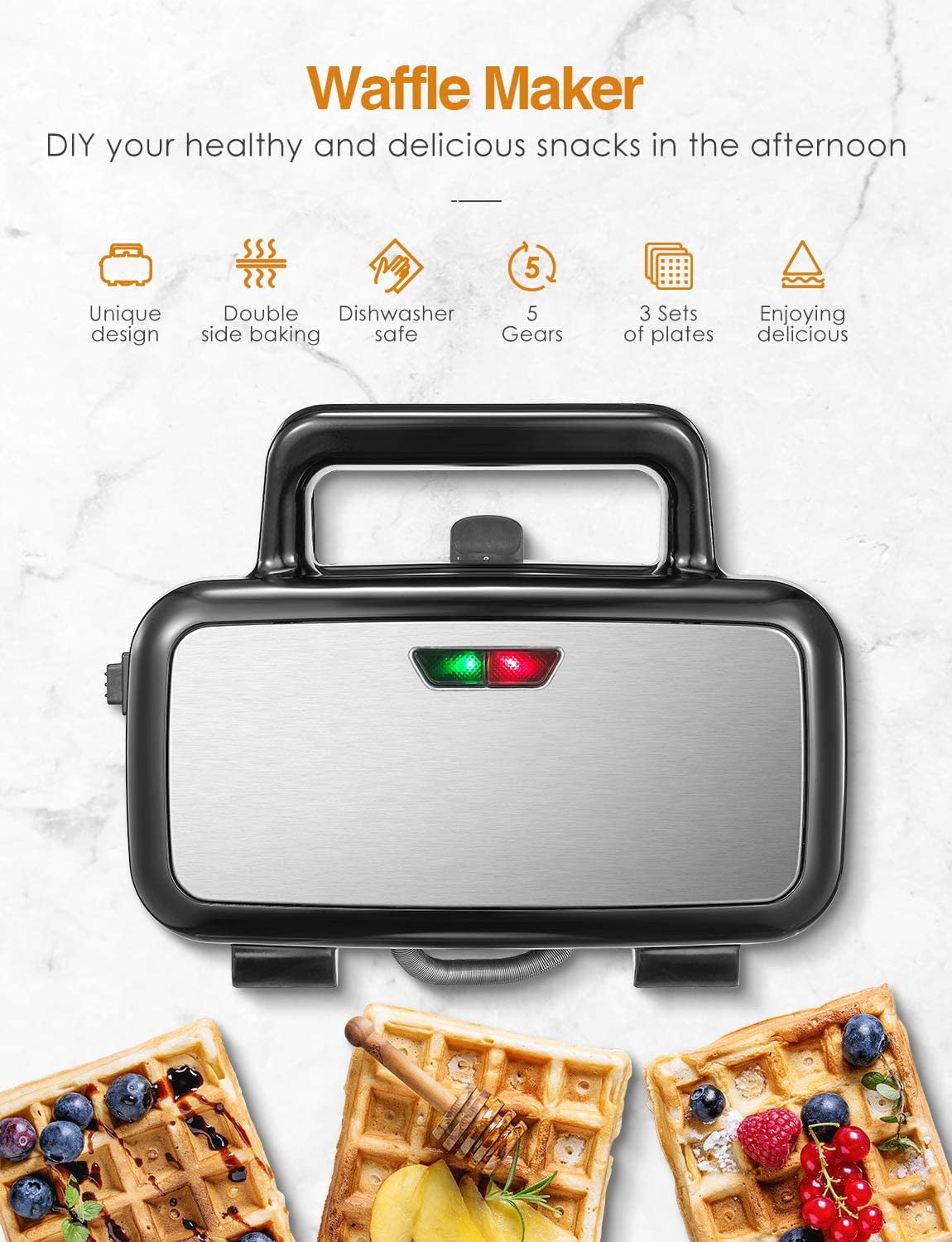 3-in-1 Sandwich Maker with Removable Plates, FOHERE Waffle Maker and Panini Press Grill, 1200W, Black - Image 5
