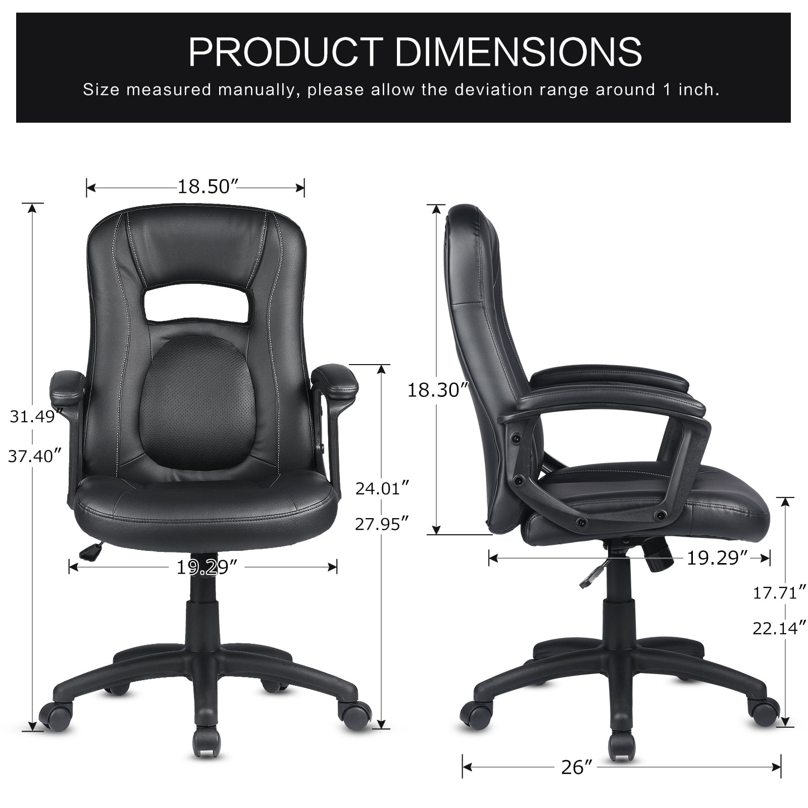 Comhoma Mid Back Ergonomic Faux Leather Executive Office Chair, Black - Image 2
