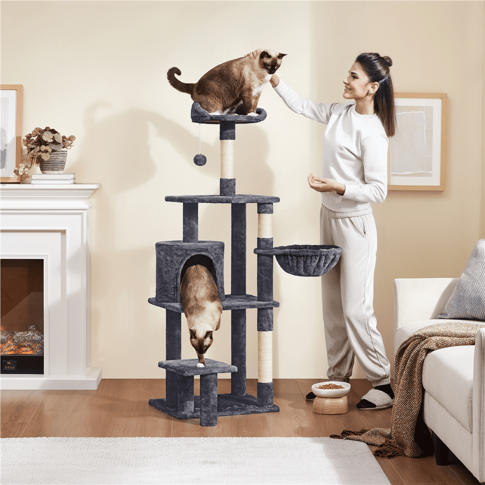Alden Design 57″ Tall Multi Level Cat Tree with Basket & Condo & Scratching Post, Dark Gray - Image 10