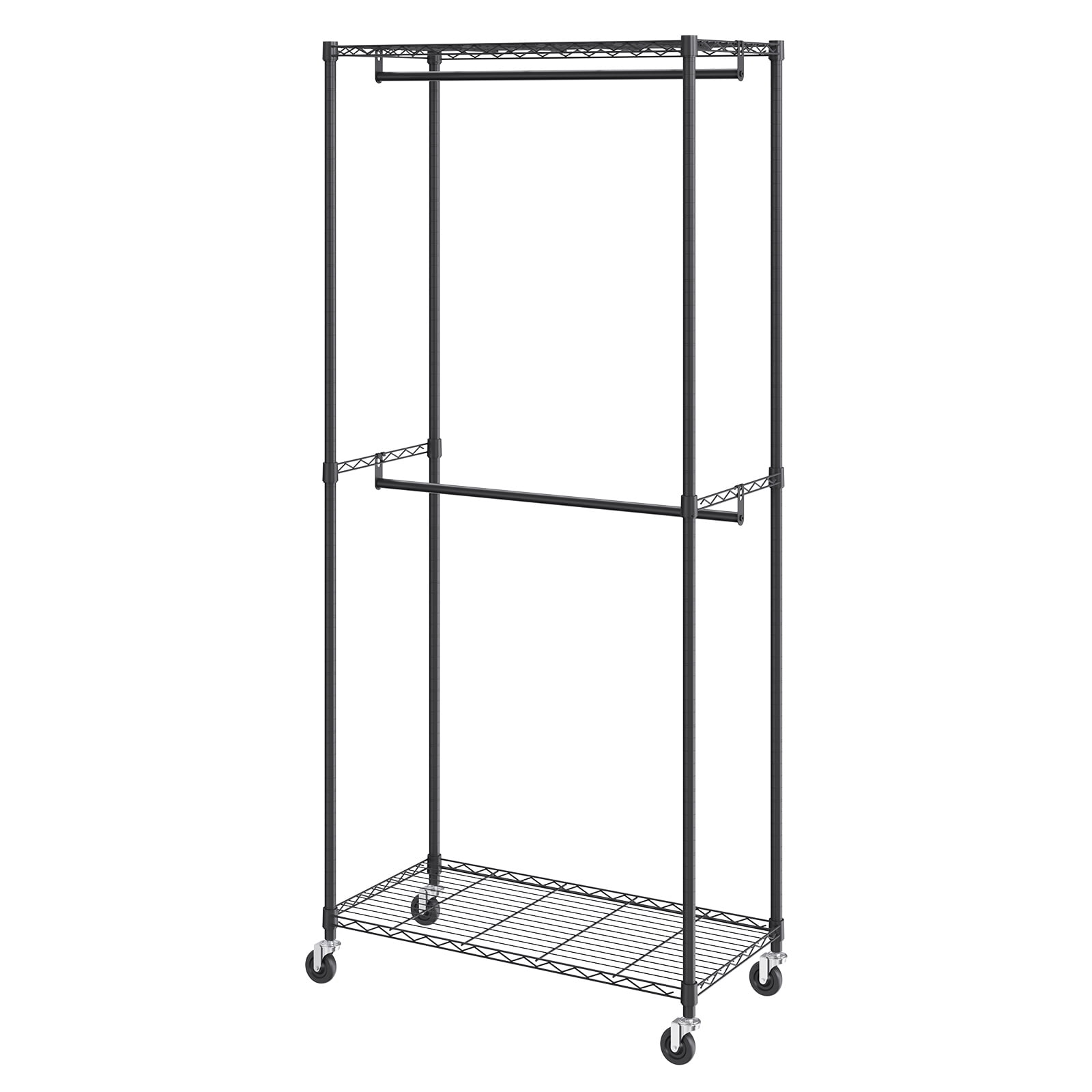 KFFKFF Sturdy Apparel Rack, Dual Rods for Garments with Upper and Lower Shelving, Mobile Wardrobe on Wheels, 1'' Thick Steel Construction Supports Up to 300Lbs - Image 3