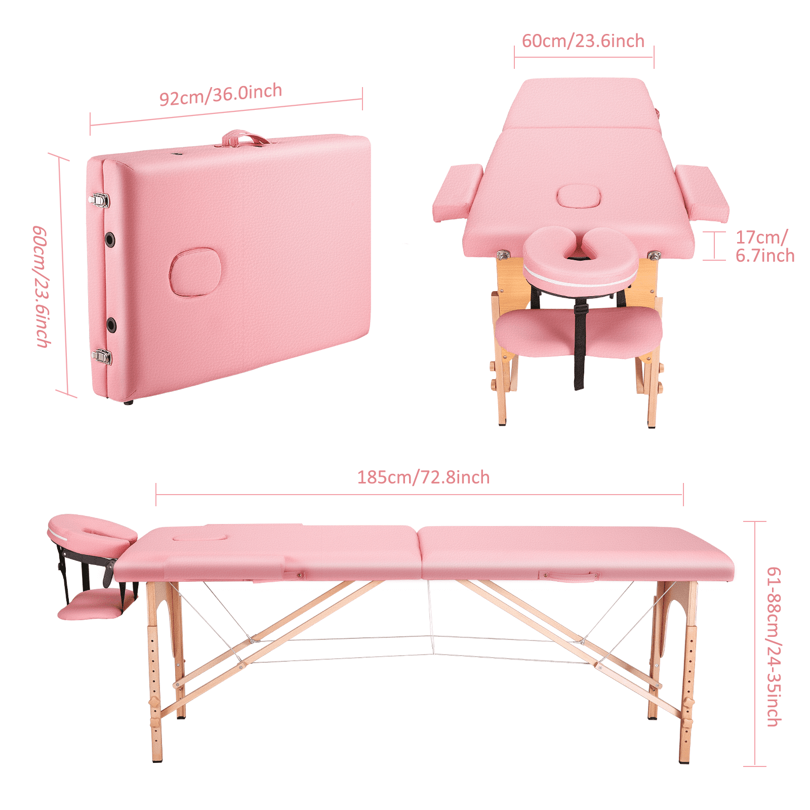Naipo Portable Massage Table Pink Wide Massage Bed 84 Inches Spa Bed 2 Fold Adjustable 9 Heigh Salon Bed Face Cradle Bed Carry Case - Light Pink - Image 8