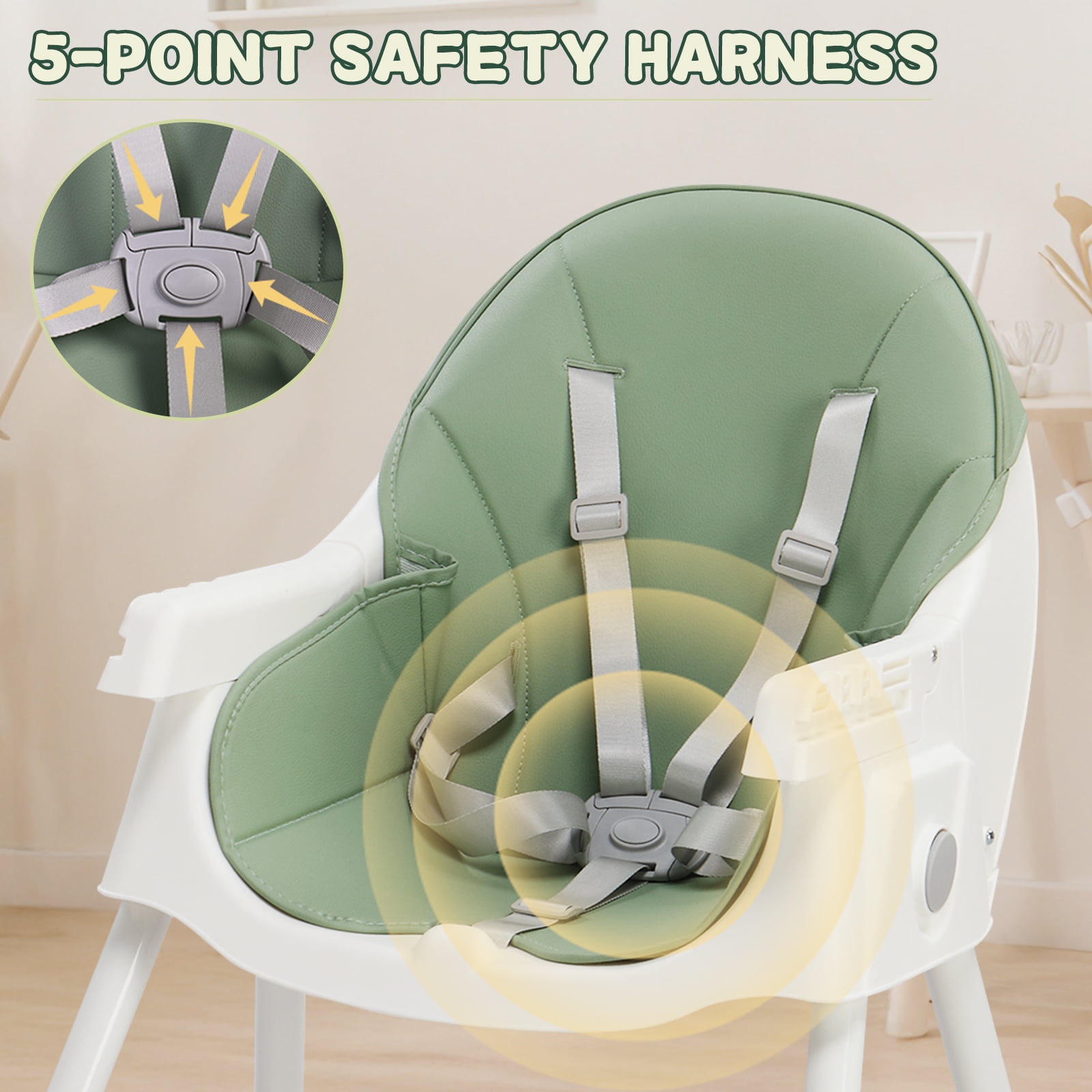 Ktaxon Baby High Chair, Convertible 6 in 1 High Chairs for Babies and Toddlers, Foldable Baby Highchair with 5-Point Safety Harness, Adjustable Dining Tray, Backrest & Height, Green - Image 3
