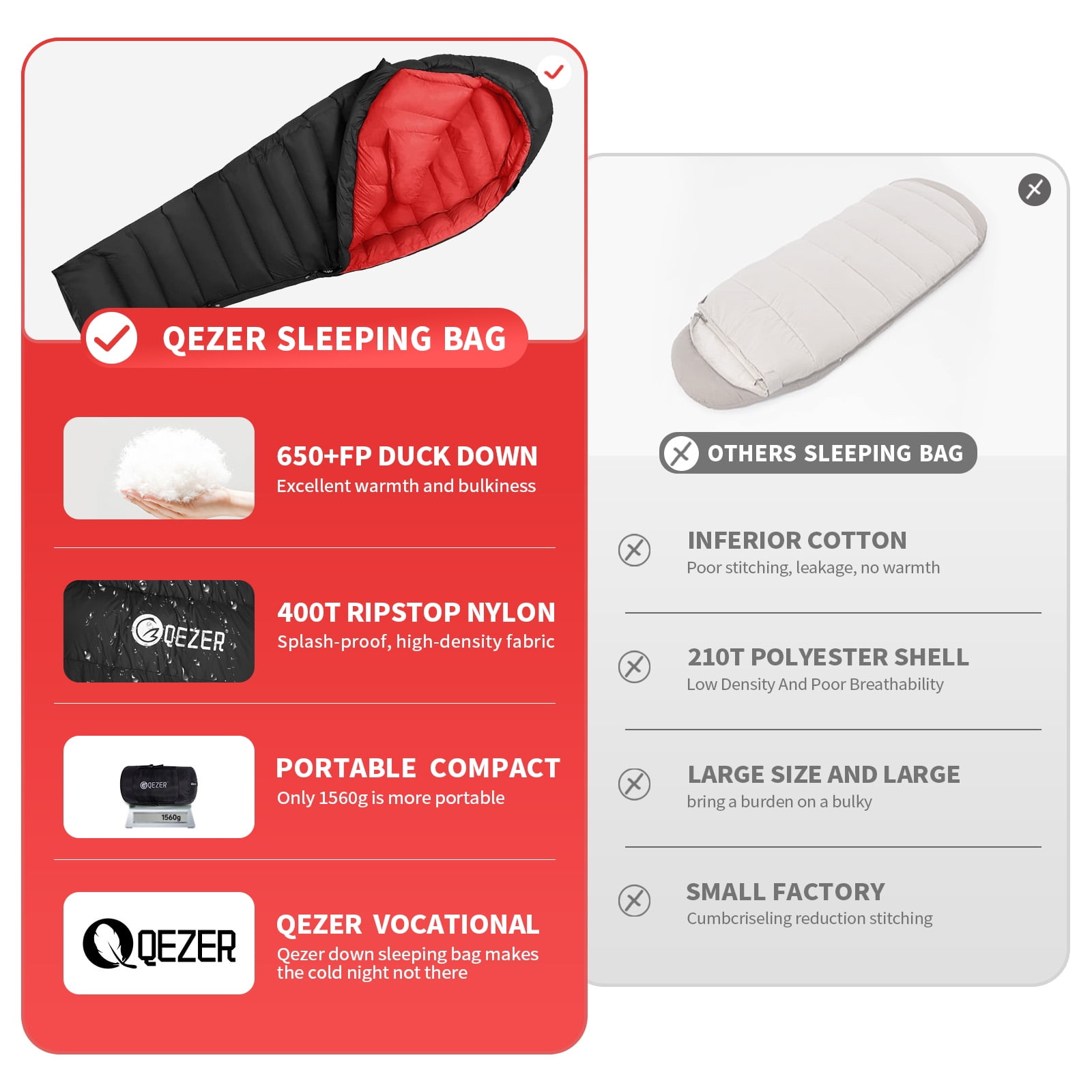 QEZER Adult Mummy Down Sleeping Bag, Perfect for Extreme Cold Weather, Essential for Camping and Backpacking, with compression sack, 88.6" × 32.3", 3.44 lb, Black - Image 3