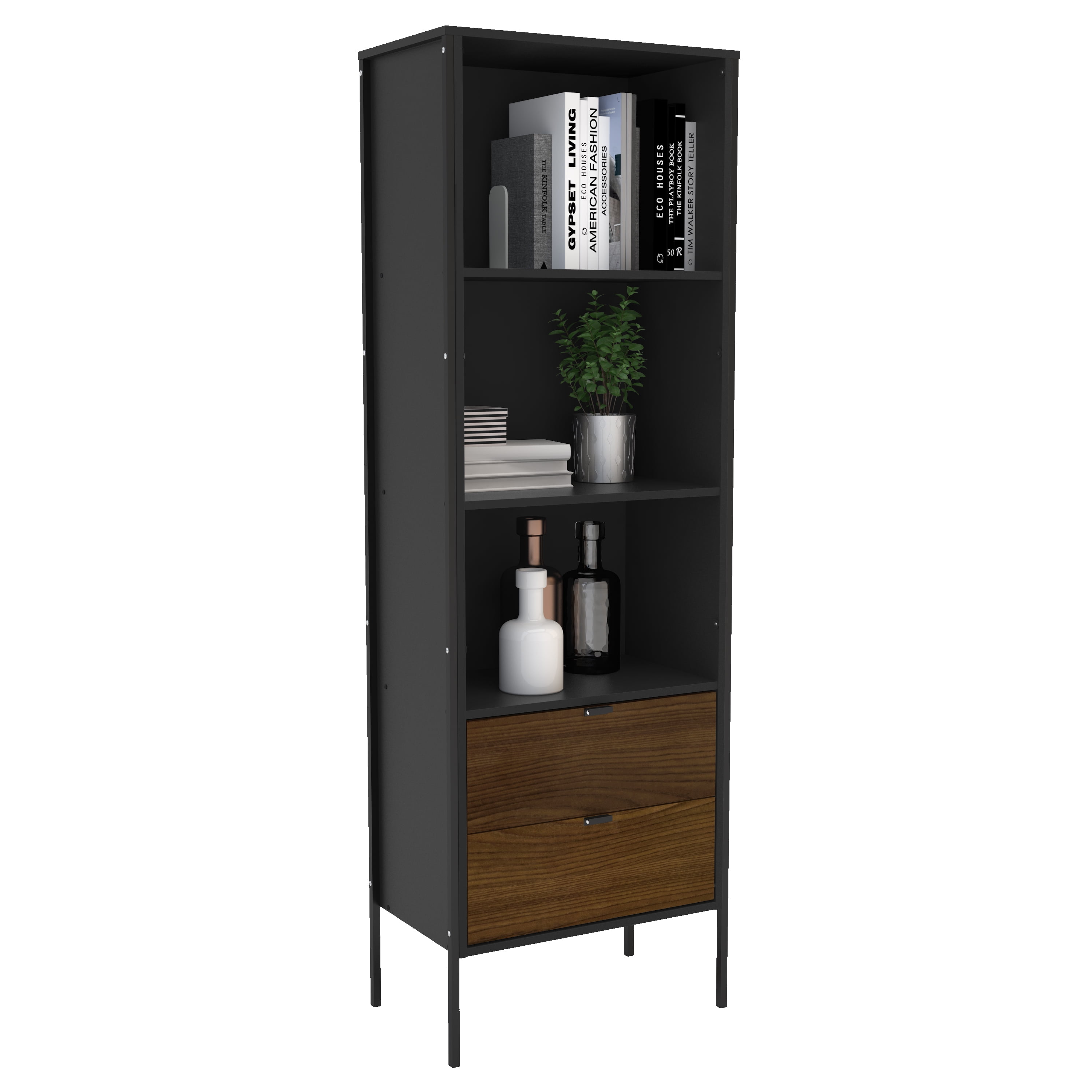 Polifurniture Mallorca 71 in. Modern Bookcase with 3 Shelves and 2 Drawers, Black & Walnut - Image 12
