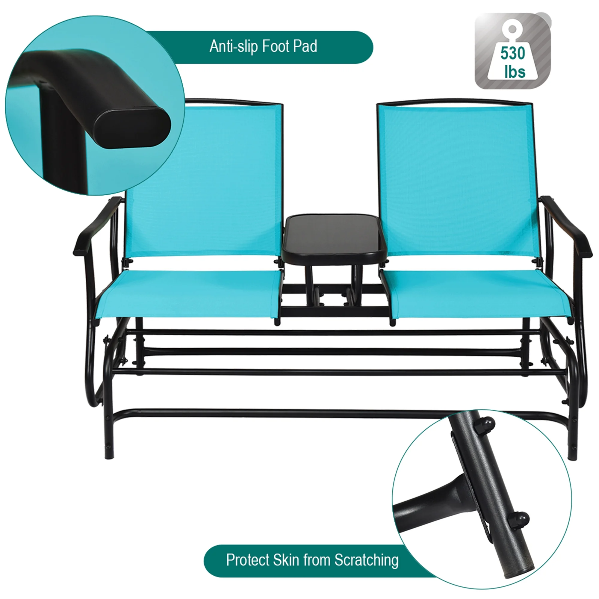 Gymax Patio 2-Person Glider Rocking Char Loveseat Garden w/ Tempered Glass Table Turquoise - Image 4