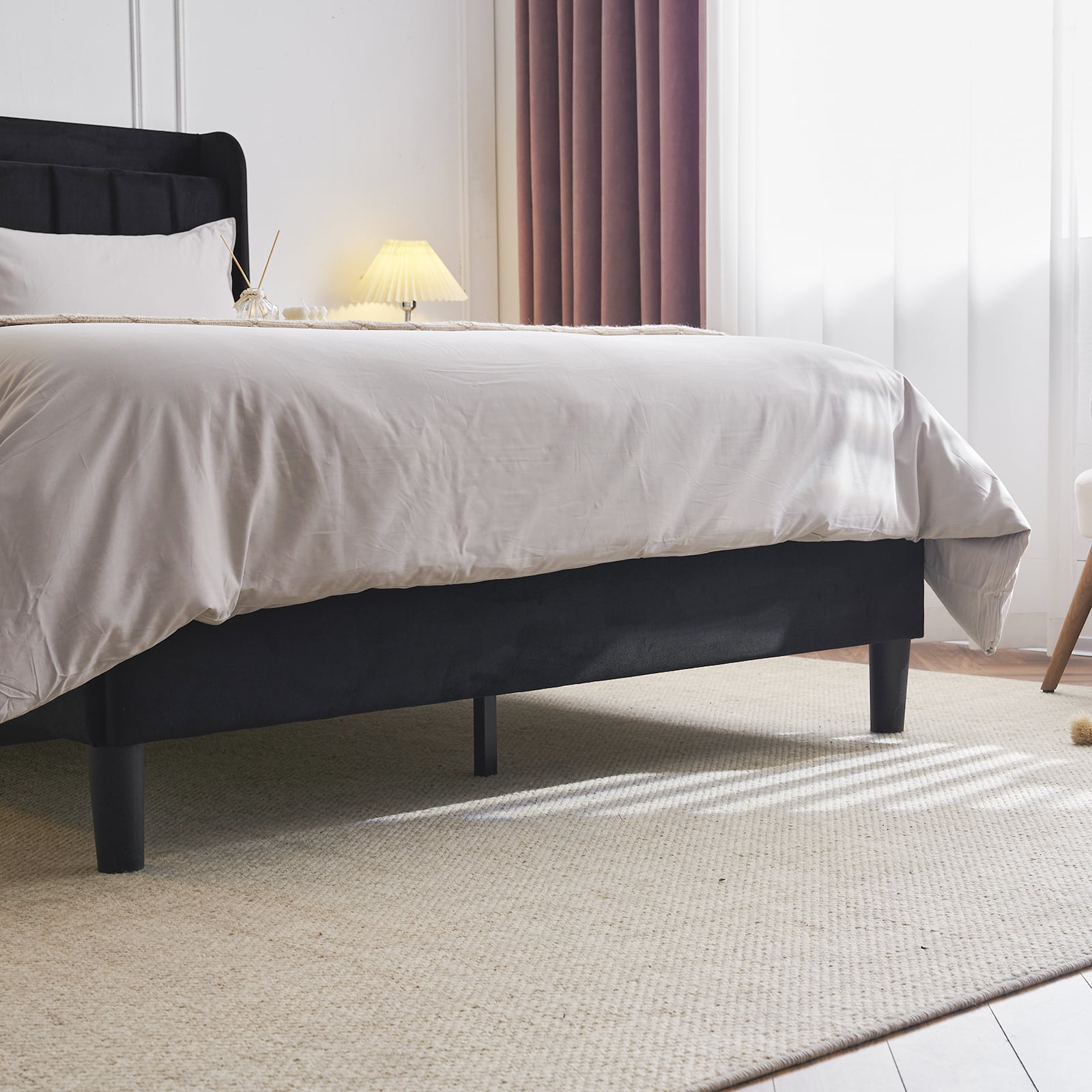 Ktaxon Full Platform Bed Frame with USB Charging, Upholstered Bed, Wingback Headboard/No Box Spring Required/Wood Slat Support/Easy Assembly/Black - Image 8