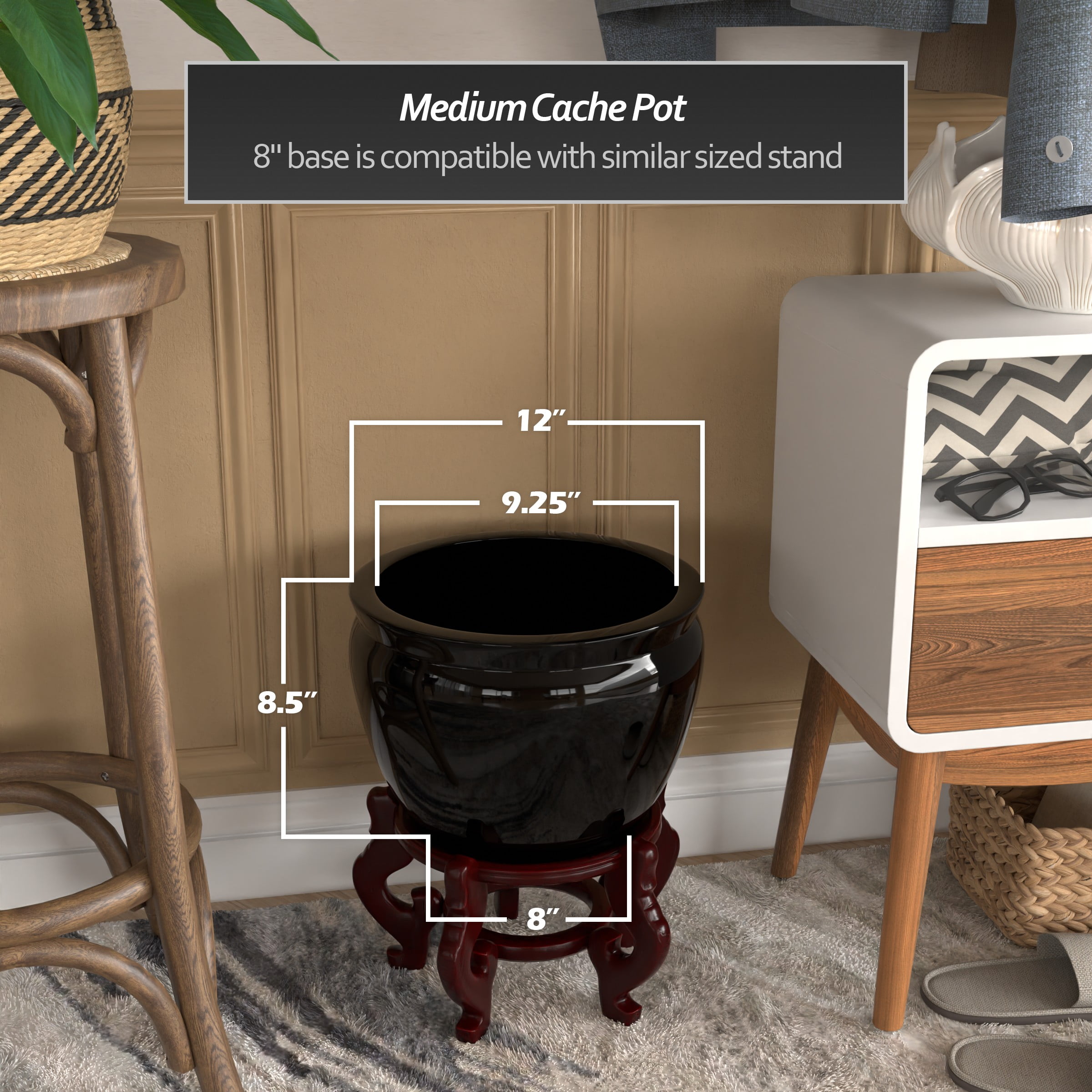 Red Lantern 12" Solid Black Porcelain Fishbowl Planter - Image 4