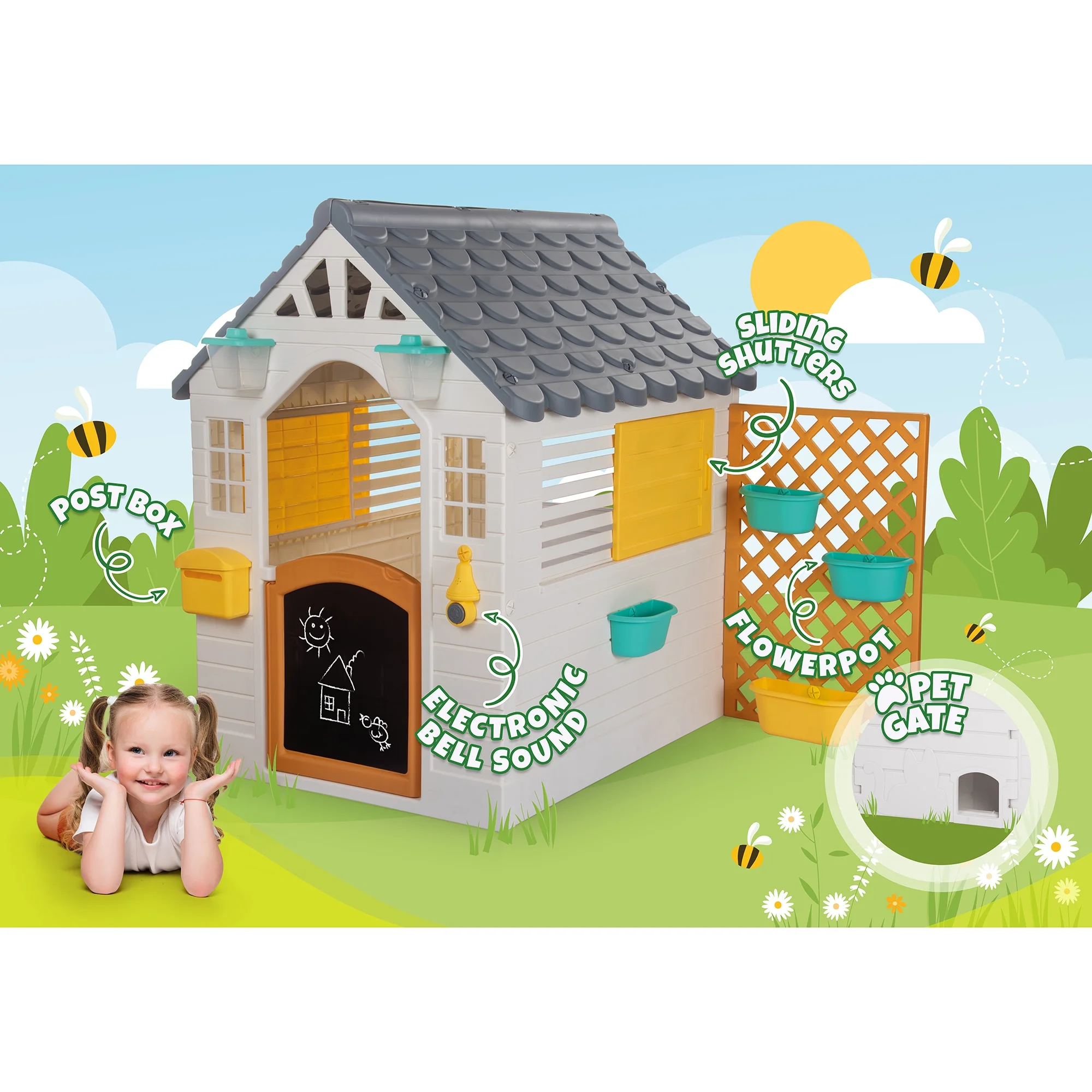 Dolu: Garden Playhouse With Fence - White-Grey-Yellow - Outdoor-Indoor Toy, Chalkboard Door, Durable Charming Design, Easy Assembly, Kids-Toddlers 2+ - Image 3