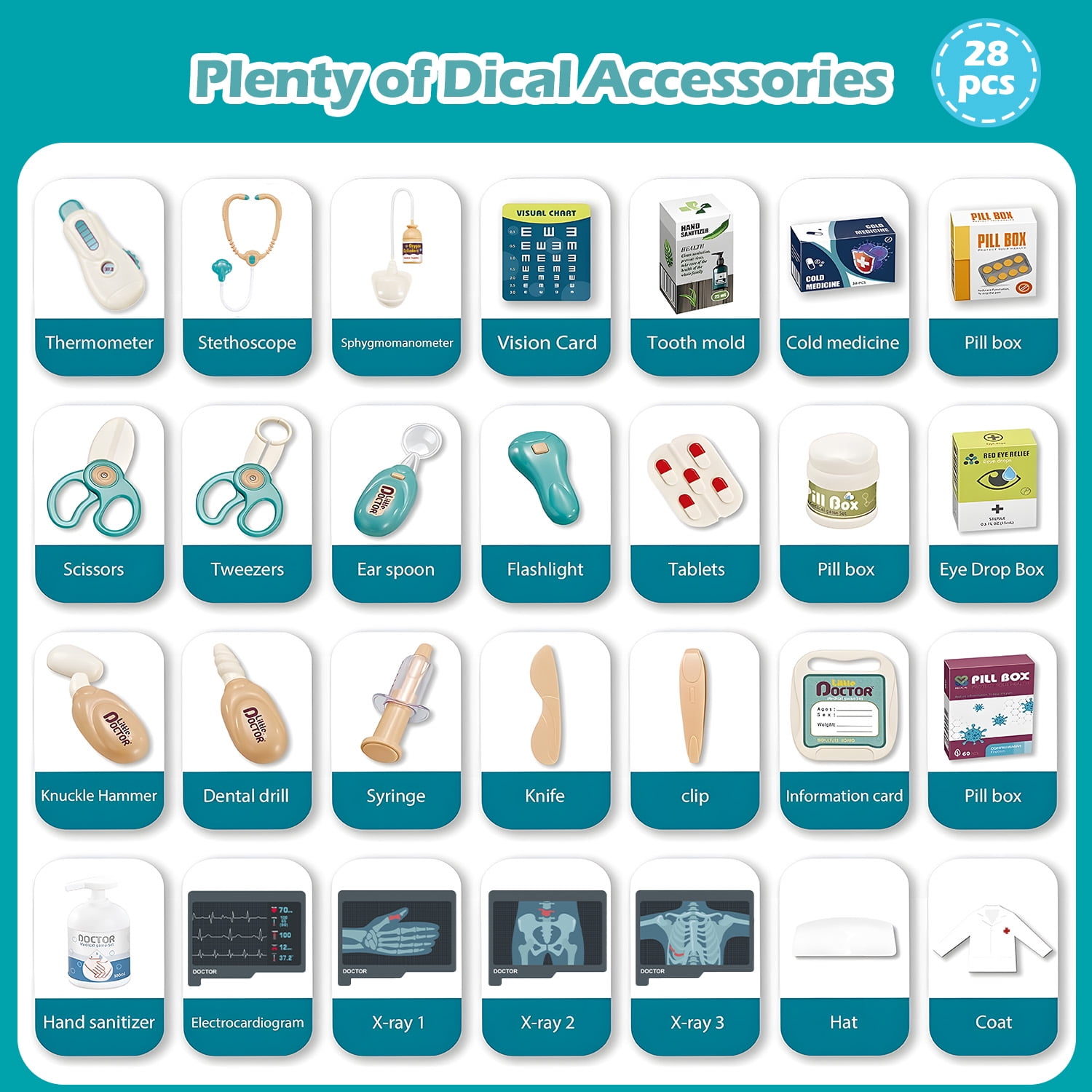 Petbank 28PCS Doctor Kit for Kids, Pretend Medical Station Toy Set for Girls Boys, Mobile Cart Doctor Role Play Toys for Toddler Gift Age 3+ - Image 3