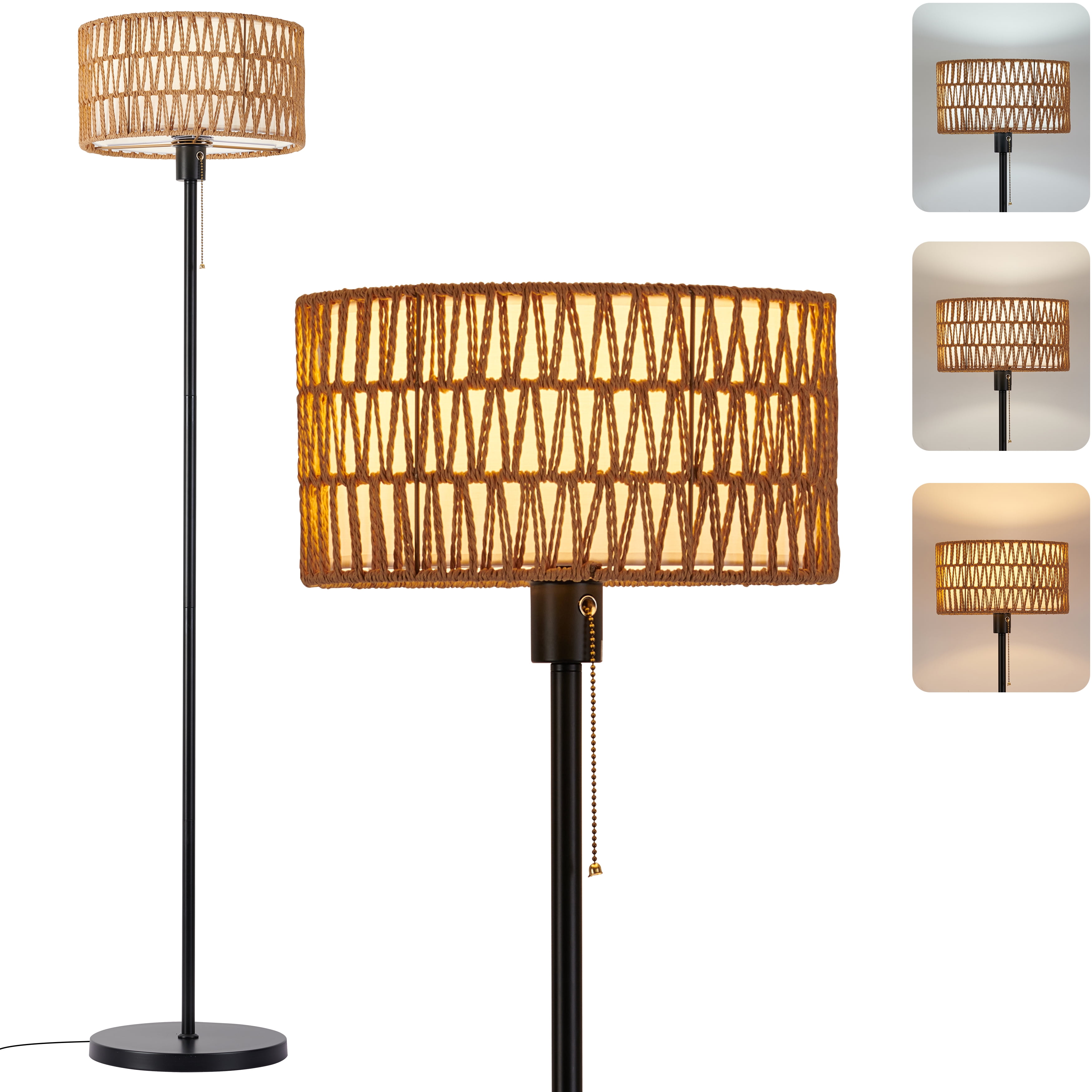 Rattan Floor Lamps for Living Room, Rattan Boho Floor Lamp, Black Metal Floor Lamp with Bulb, Rattan Fabric Double Shades, Farmhouse Rustic Floor Lamp, Standing Lamp for Living Room Bedroom Office - Image 6