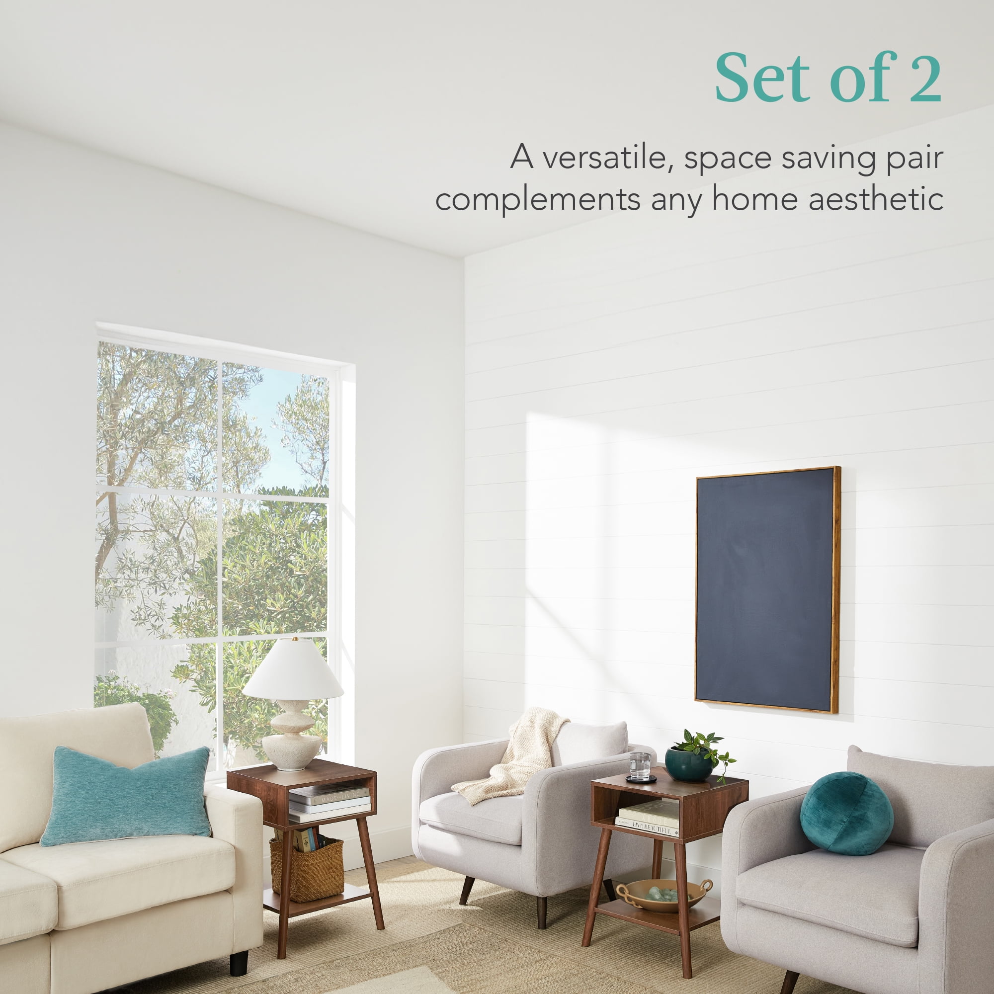 Best Choice Products Set of 2 Mid-Century Modern End Tables w/ Cubby Storage, Lower Shelf, Offset Legs - Walnut - Image 4