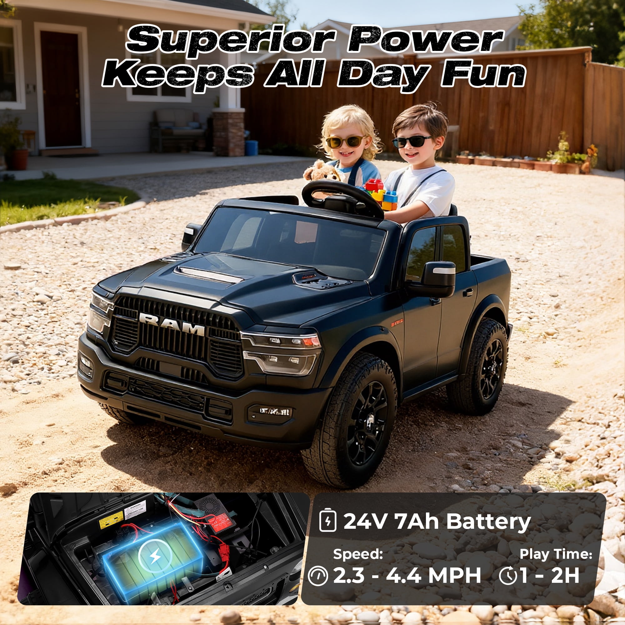 FUNTOK Licensed RAM 2500 24V 2 Seats Ride on Truck for Kids 3-8 w/ 20" Large Seat, 2 x 100W Motors, 24 Volt Ride on Toys w/ 3-Point Seat Belts/Remote Control/LED Light/Music/Back Storage, Black - Image 2