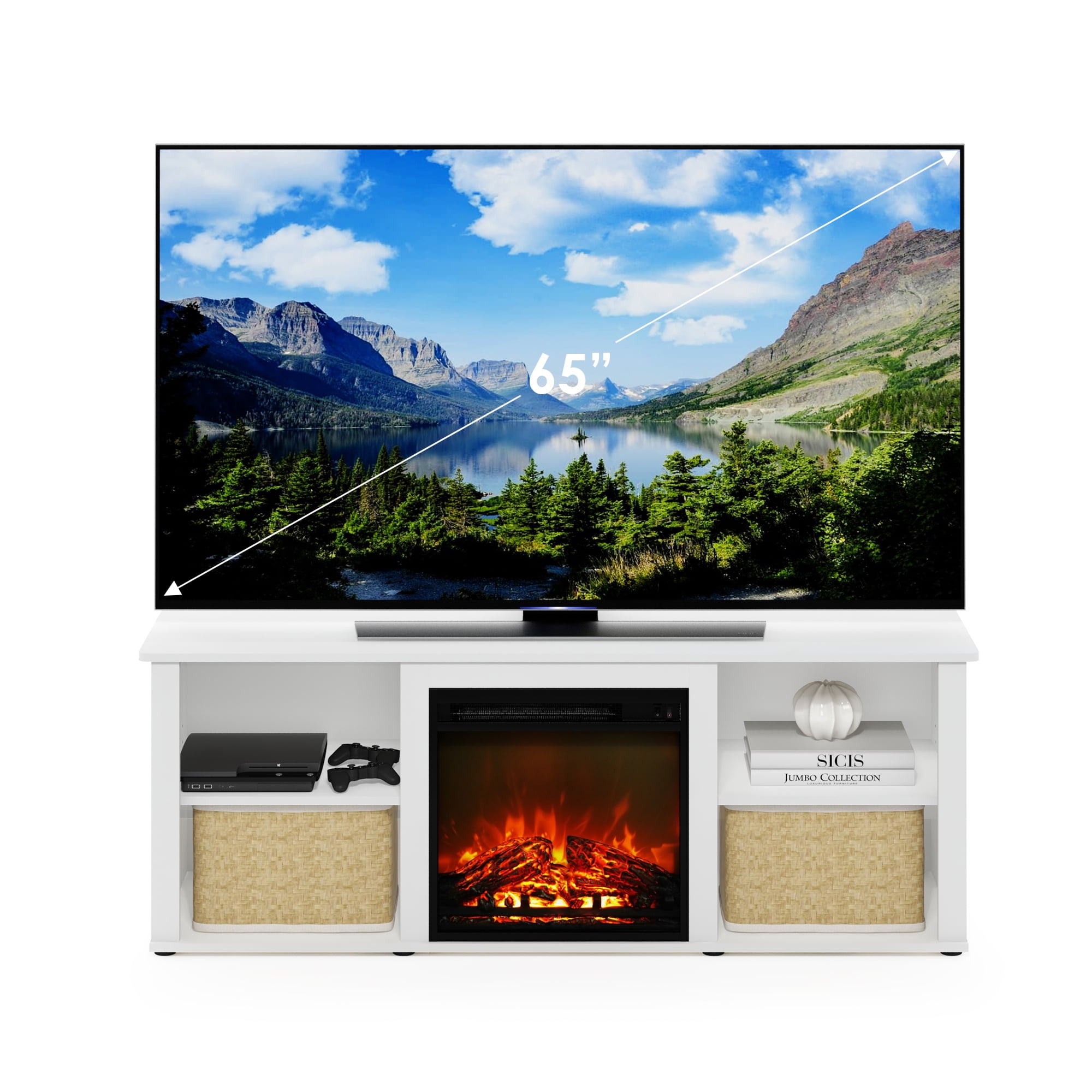 Furinno Montale 60 Inch TV Stand with Fireplace, Solid White - Image 4