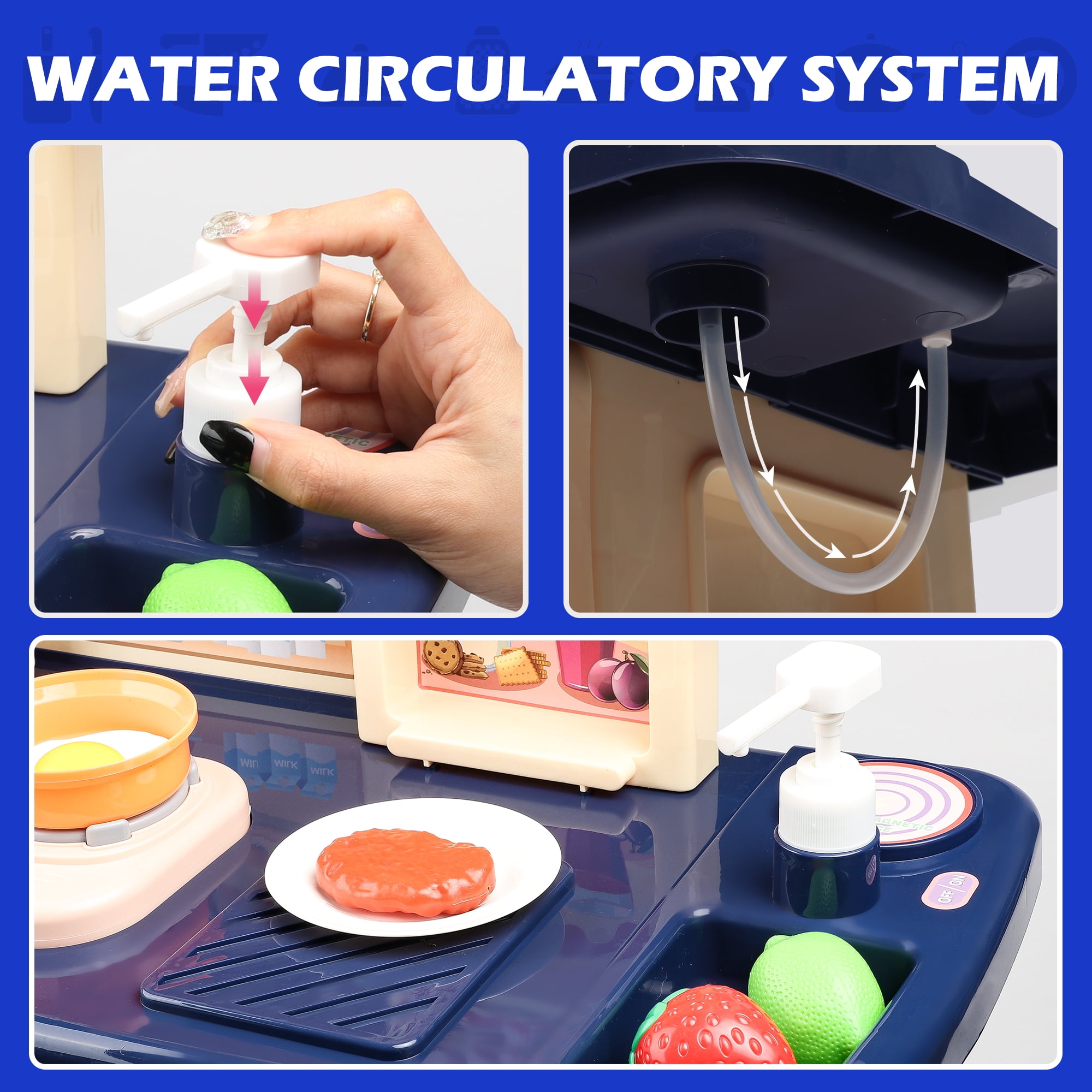 Beefunni 34 inch Blue Pretend Play Kitchen Toys Pretend Food Sets- Kitchen Toys for Kids Ages 2 3 4, Cooking Set for Toddlers 1-3, Play Kitchen Accessories Christmas Gifts Toys for Girls Boys 3+ - Image 5