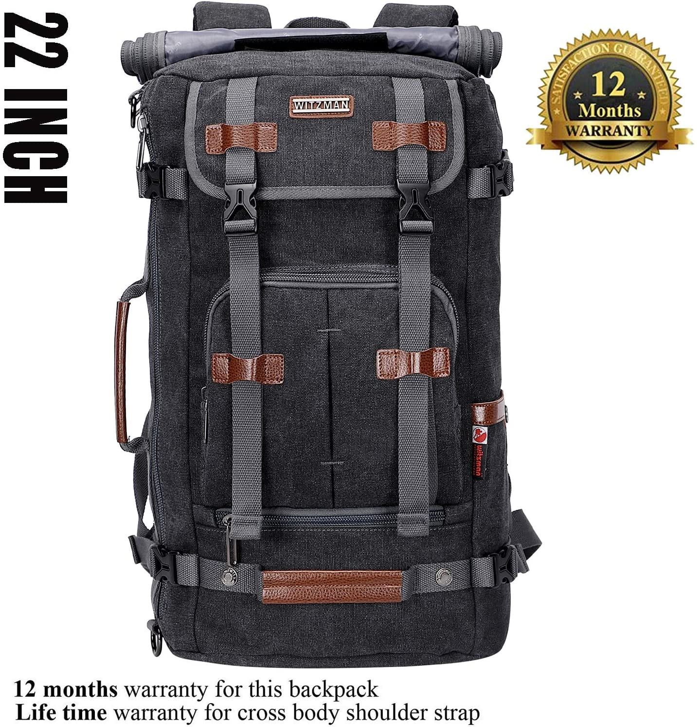 WITZMAN Travel Backpack for Men Large Canvas Backpack Luggage Carry on Duffel Bag A519-1 Black - Image 5