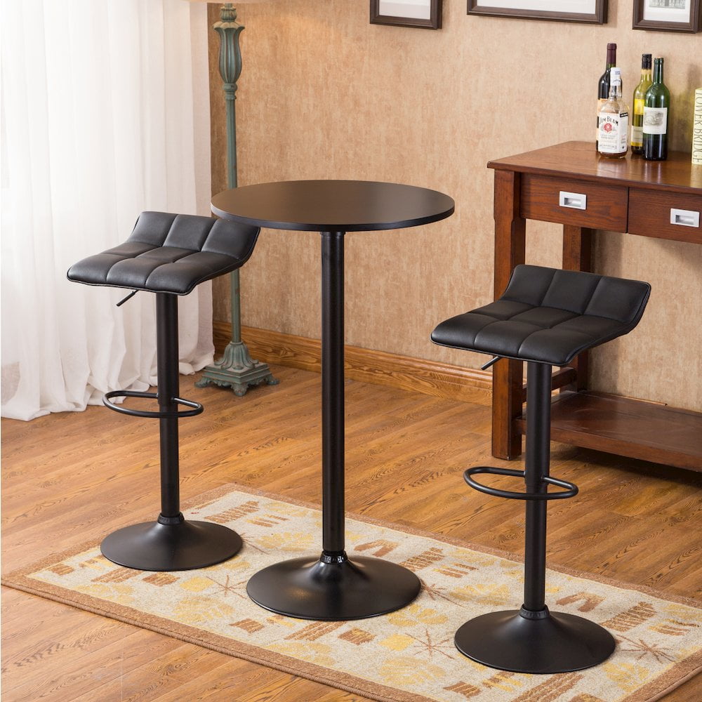 Roundhill Furniture Belham Black Round Top with Black Leg And Base Metal Bar Table and 2 Swivel Black Bonded Leather Adjustable Bar Stool Bar Sets - Image 2