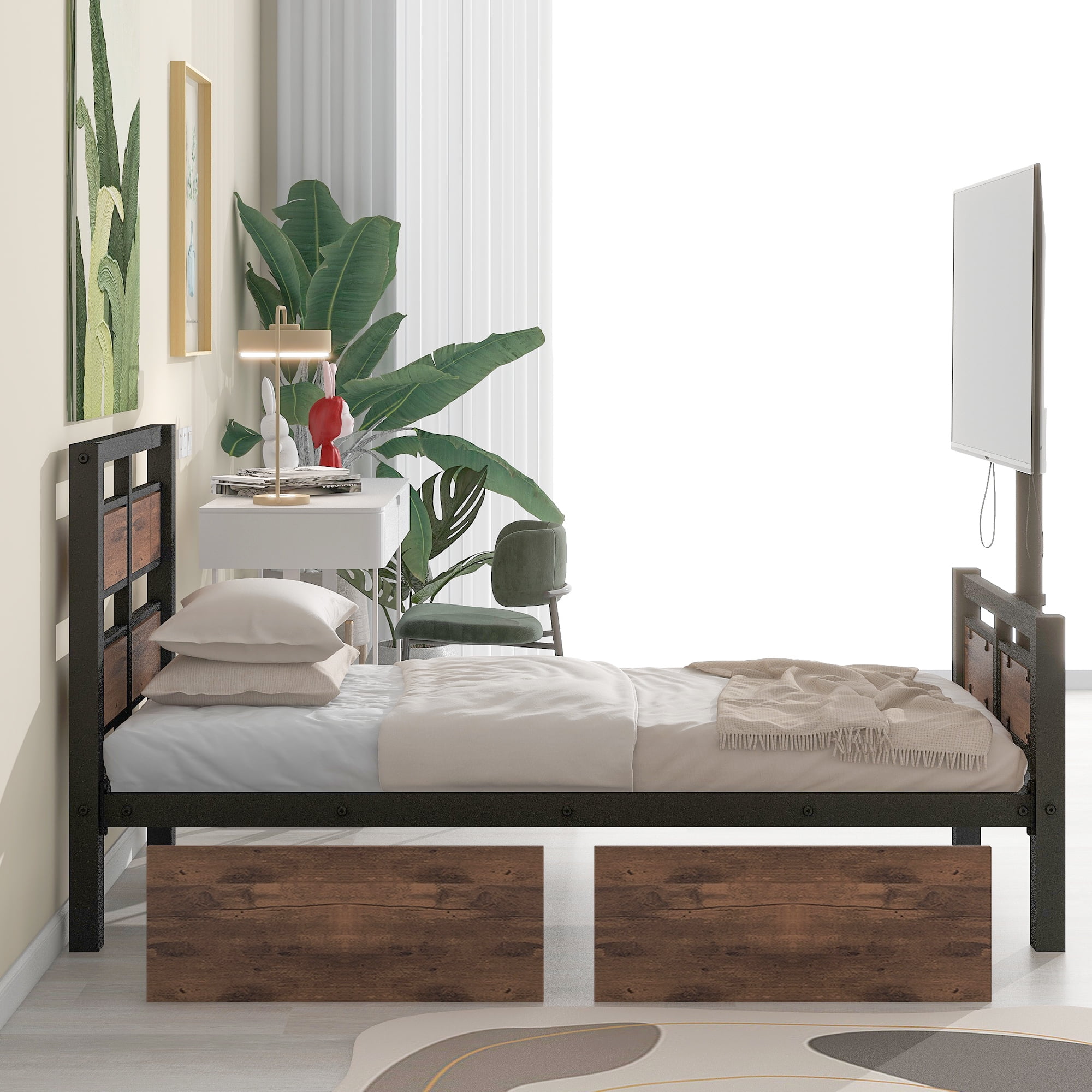 Euroco Metal Platform Bed Frame with 360° Rotatable TV Holder and 2 Drawers for Living Room for Kids Teens, Black - Image 12