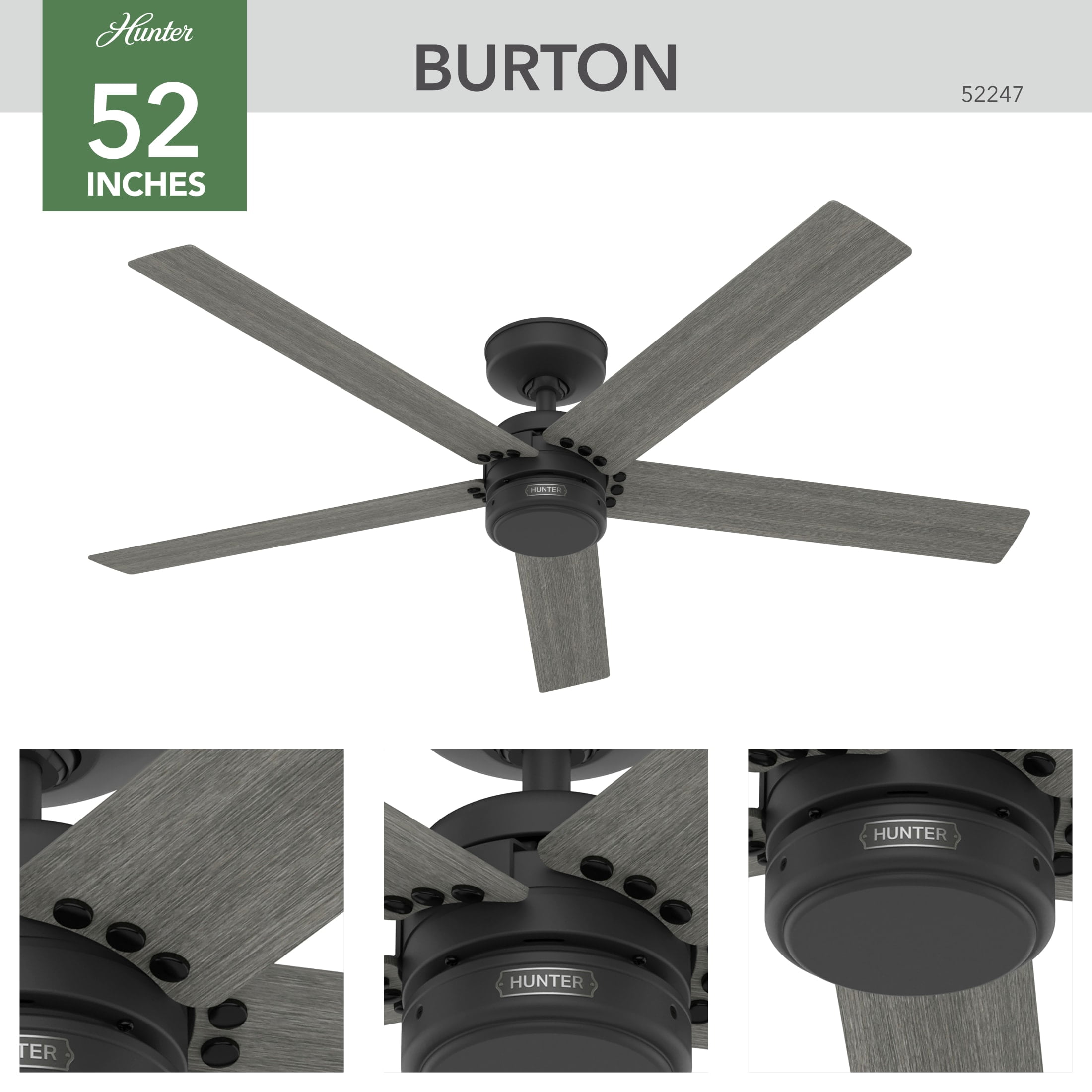 Hunter 52 inch Outdoor or Indoor Ceiling Fan No Light - Black Ceiling Fan without Light, For Patio, Porch, Garage, or Living Room, Standard Mount, 5 Blades, Wall Control - Burton 52247, Matte Black - Image 9