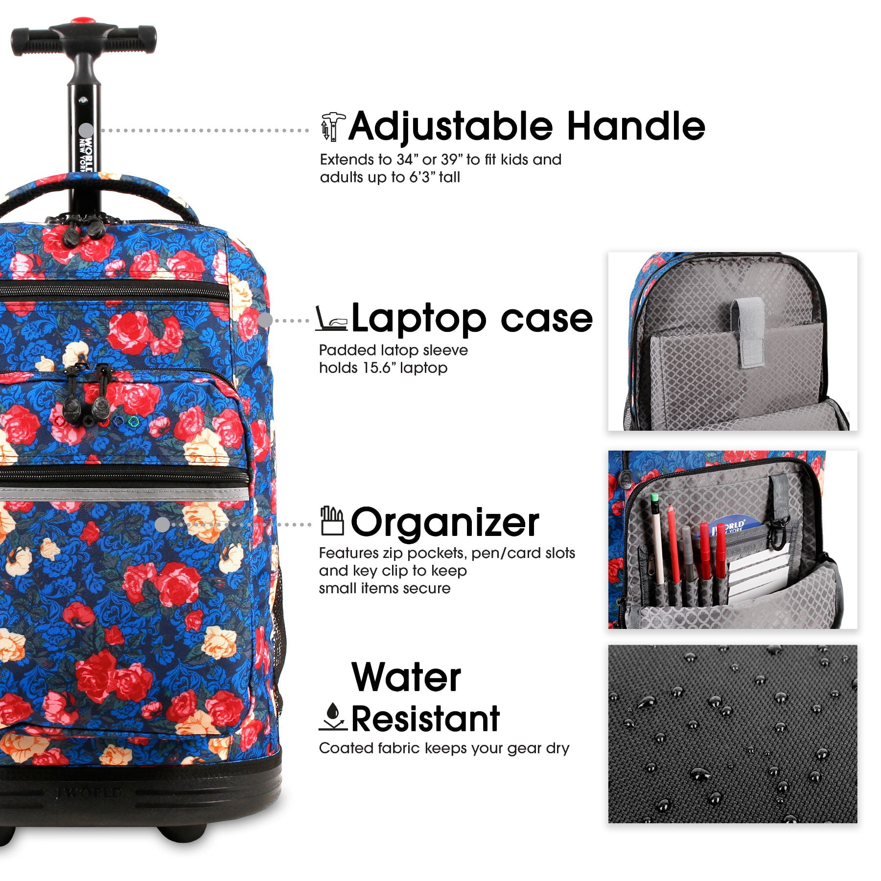 J World Girls and Womens Sundance 20" Rolling Backpack with Laptop Sleeve for School and Travel, Vintage Rose - Image 4