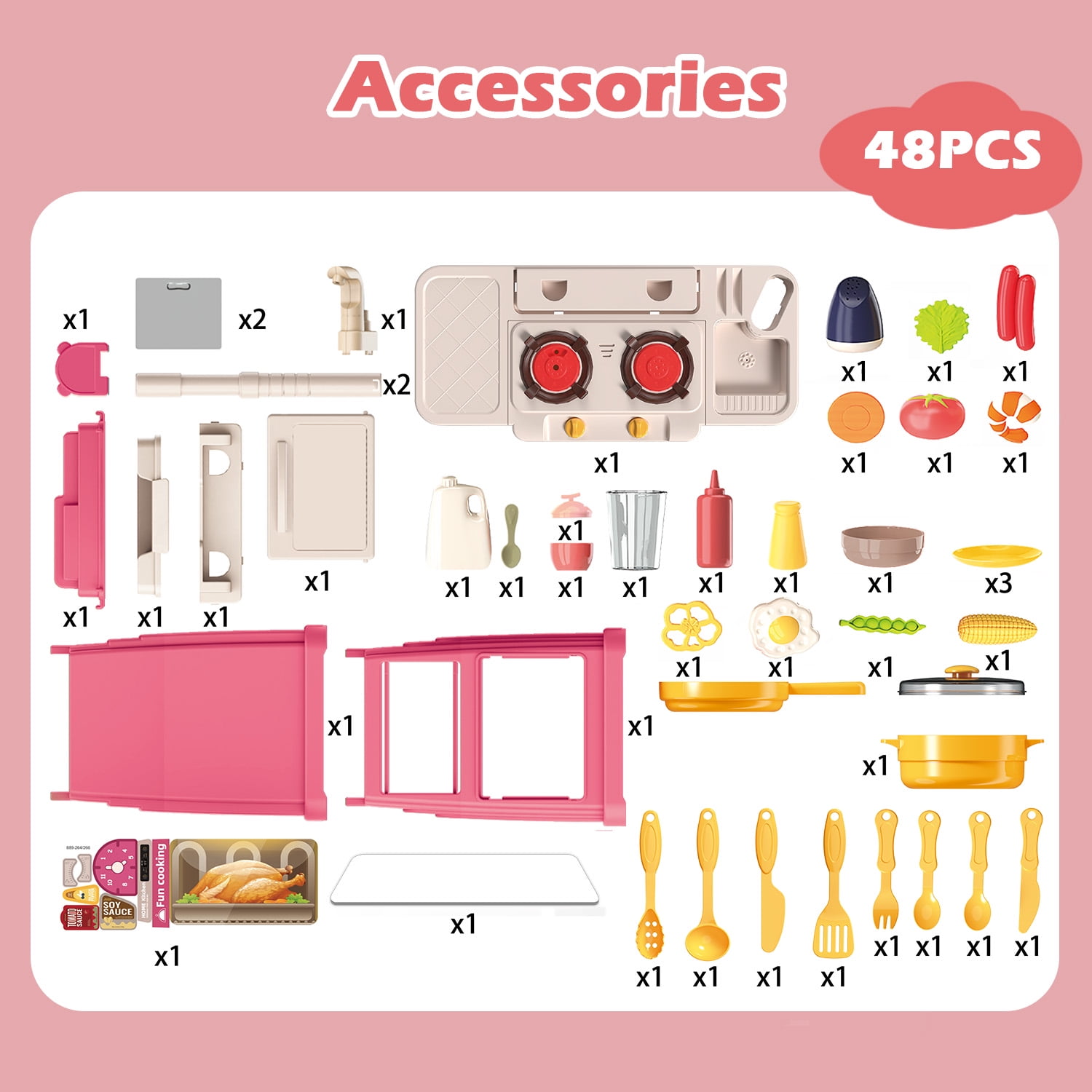 Zacro Play Kitchen Set for Kids, 48Pcs Kids Play Kitchen Toys with Realistic Lights & Sounds, Simulation of Play Sink, Toy Kitchen Set for Toddlers Girls Boys Gift, Pink - Image 3