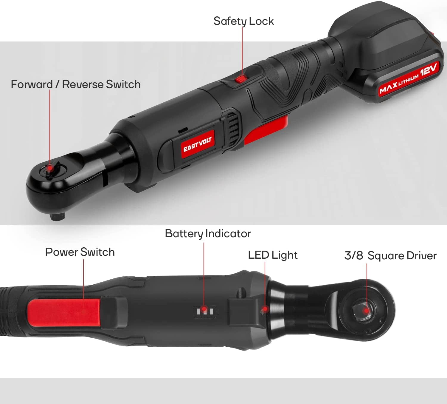 Eastvolt EVRW1202B, 3/8" Cordless Electric Ratchet Socket Wrench & Set, 14 Pieces - Image 6