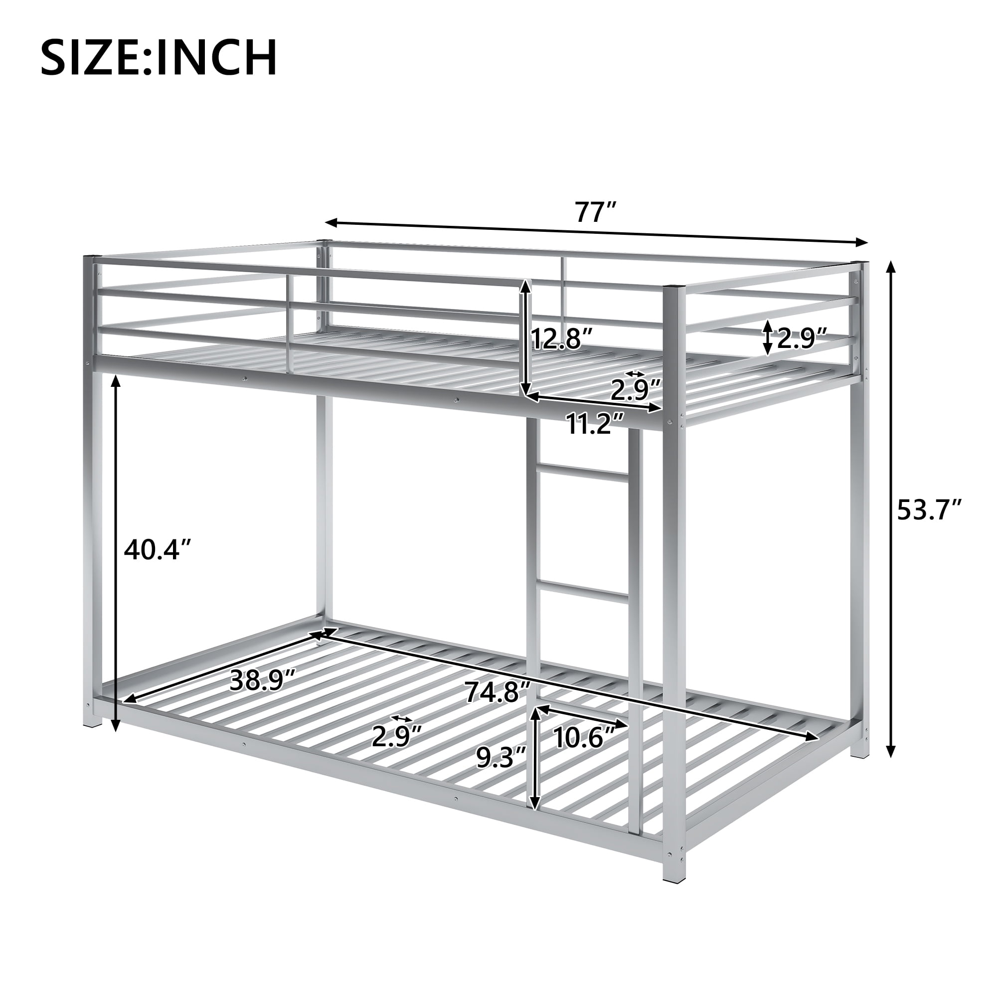 EUROCO Metal Twin over Twin Bunk Bed, Low Profile Bunk with Ladder and Full Length Safety Guardrails for Kids Teens Adults, 350lb Capacity Heavy Duty Space-Saving Bed Frame, Silver - Image 9