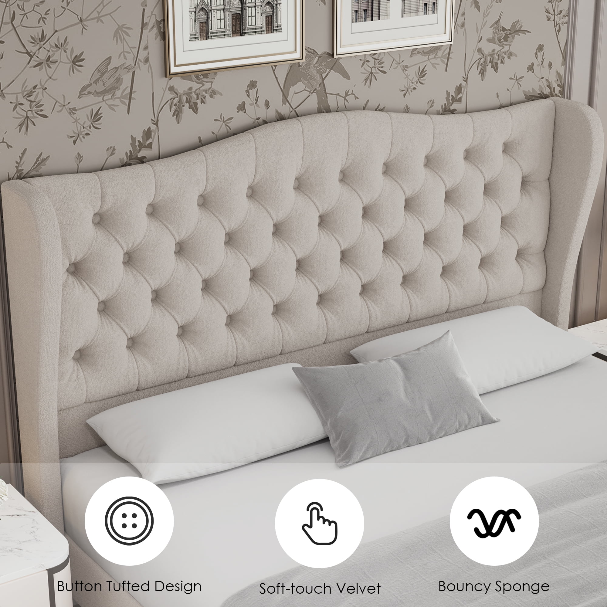 Homfa Queen Size Bed Frame with Tall Tufted Headboard, 54.3” Tall Modern Velvet Upholstered Platform Bed Frame with Deep Button Wingback Headboard, Beige - Image 4