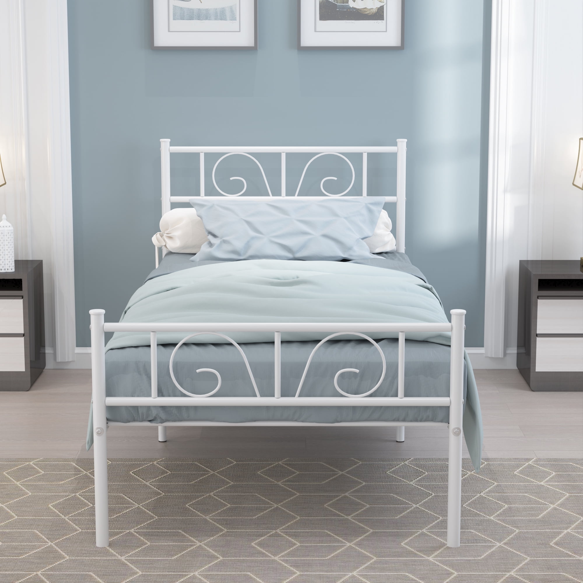 Yoneston Twin Metal Platform Bed with Elegant Pattern Headboard, Heavy Duty Bed Frame Foundation No Box Spring Needed, White - Image 8