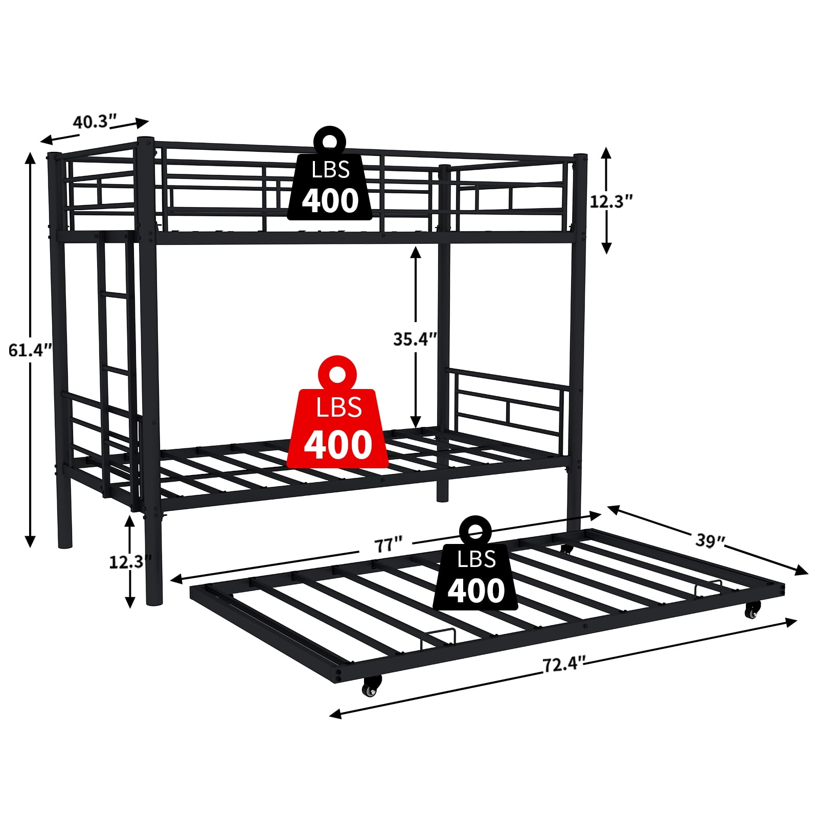 Twin over Twin Bunk Bed with Trundle, Heavy Duty Metal Bed Frame Sturdy Guard Rail and 2 Side Ladders for Kids/Adults,Can be Divided Into Two Beds,Black - Image 6