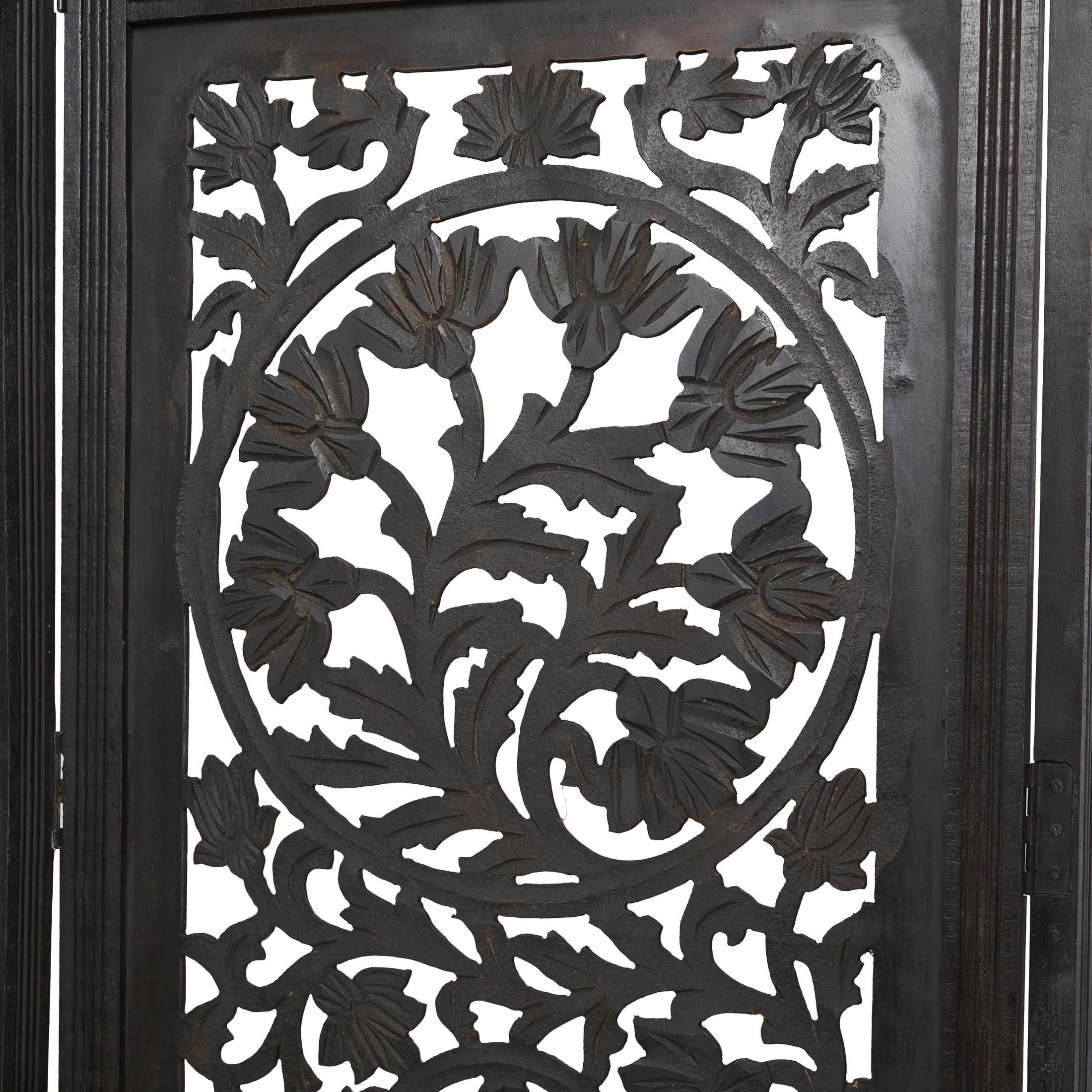 DecMode 80" x 72" Black Wood Floral Handmade Foldable Partition Carved 4 Panel Room Divider Screen, 1-Piece - Image 7
