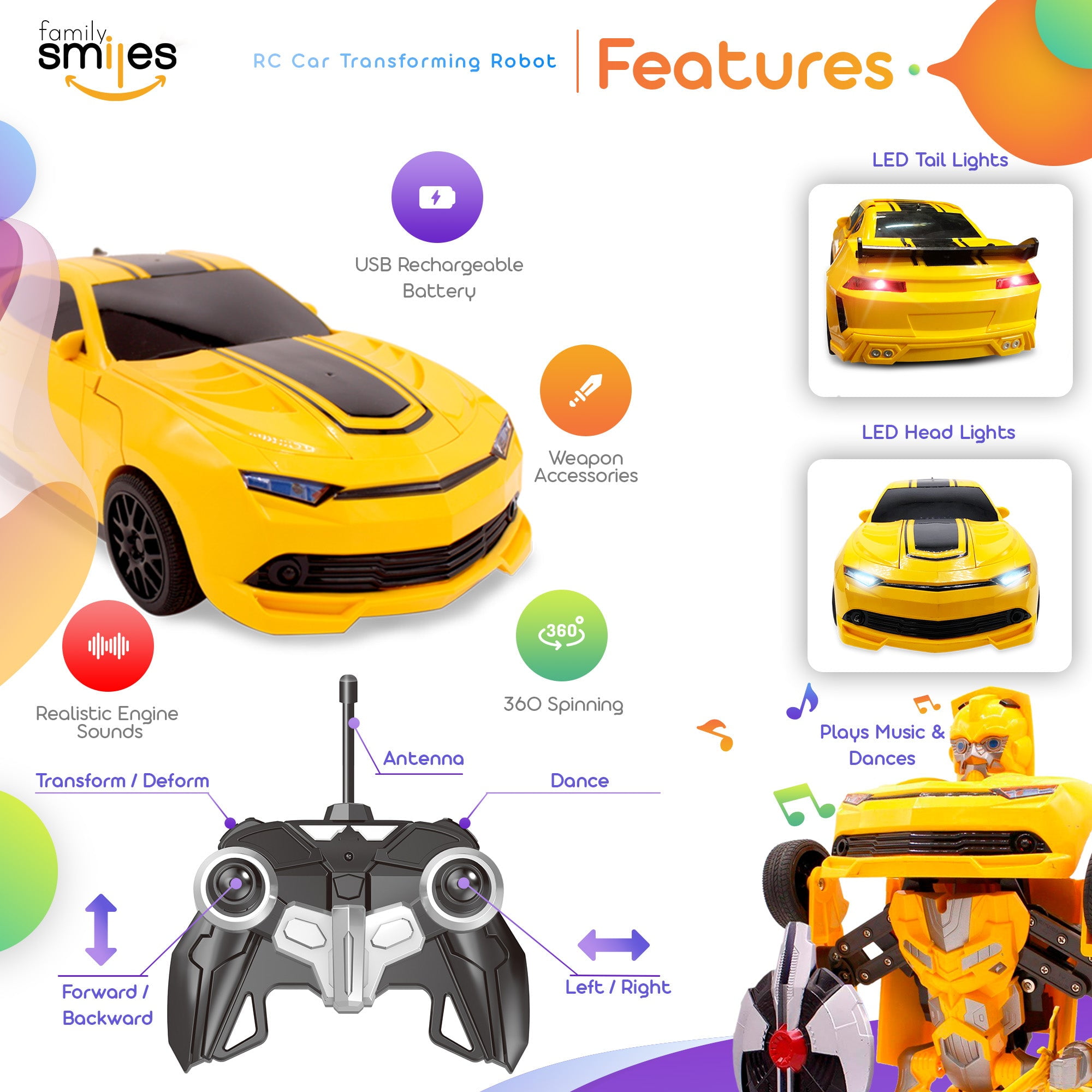 Family Smiles Kids Transforming Robot RC Car Toys for Boys 8-13 Remote Control Gift Yellow - Image 4