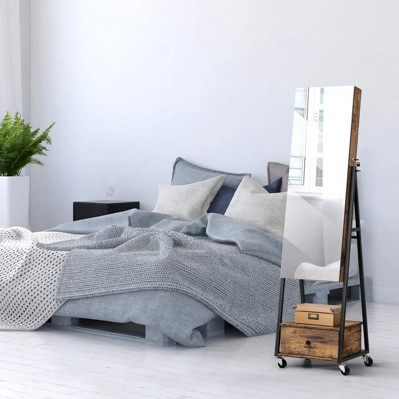 Oumilen Jewelry Armoire on Casters with Chest Drawer in Burnt Wood Brown for Adults - Image 6