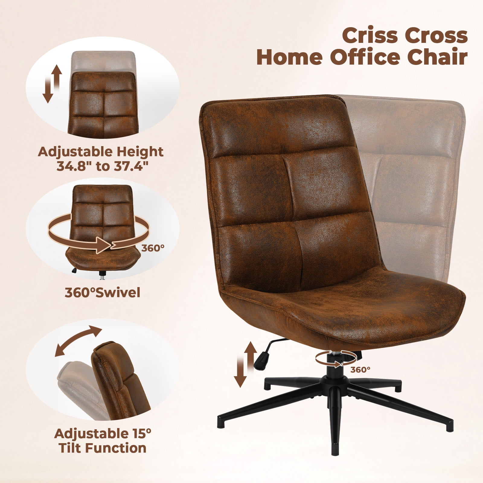 Homy Casa Office Desk Chair, Adjustable Height 15° Tilt High Back Swivel Leisure Chair Makeup Vanity Chair, Brown - Image 6