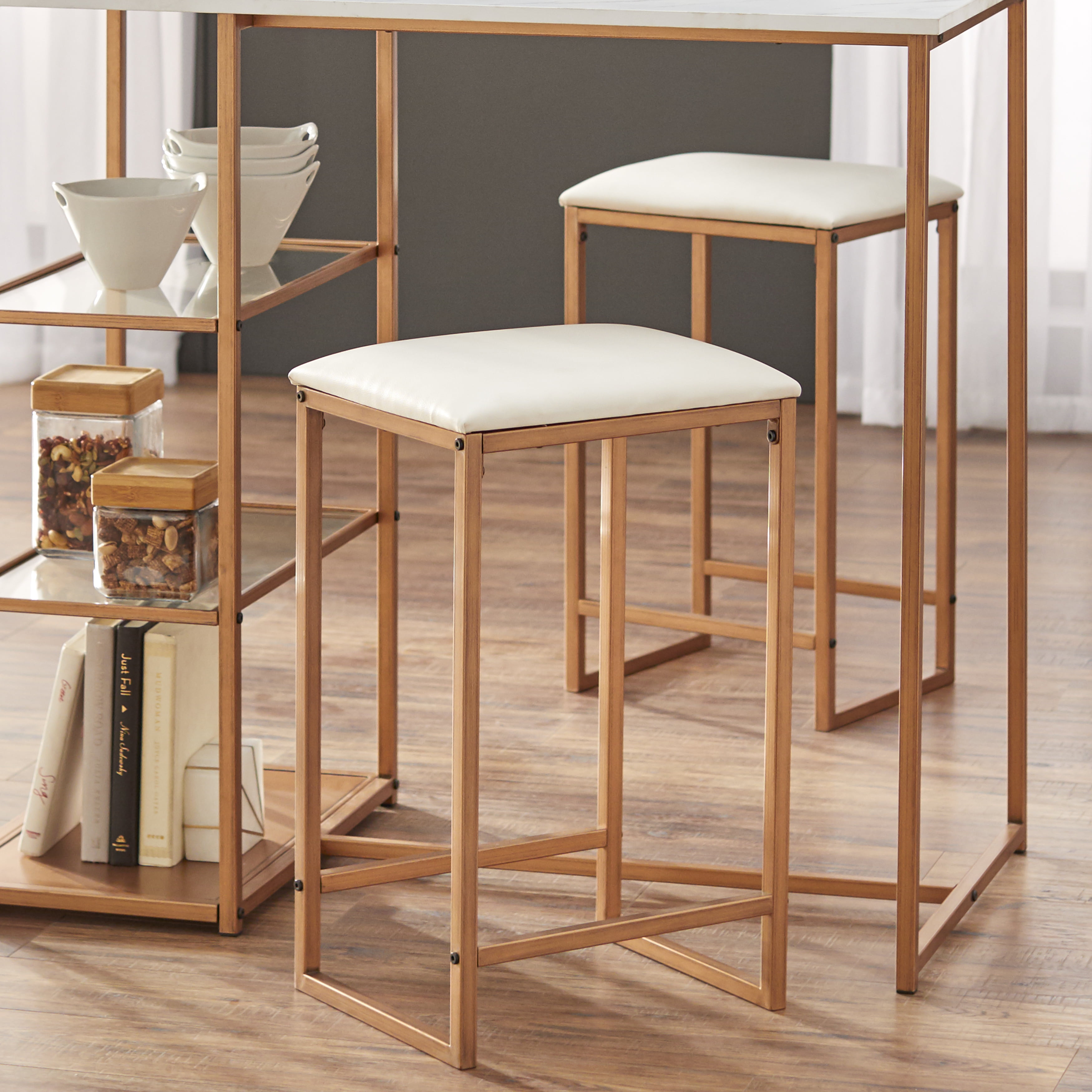 TMS Lane 3-Piece 36" high Counter Height Dining Set, Seats 2, Table and 2 Stools, White and Gold - Image 2