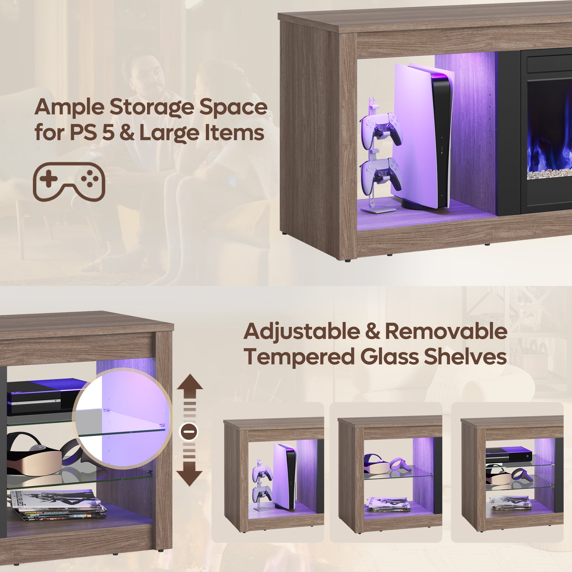 Bestier Modern Electric 7 Color LED Fireplace TV Stand for TVs up to 70", Pine - Image 14