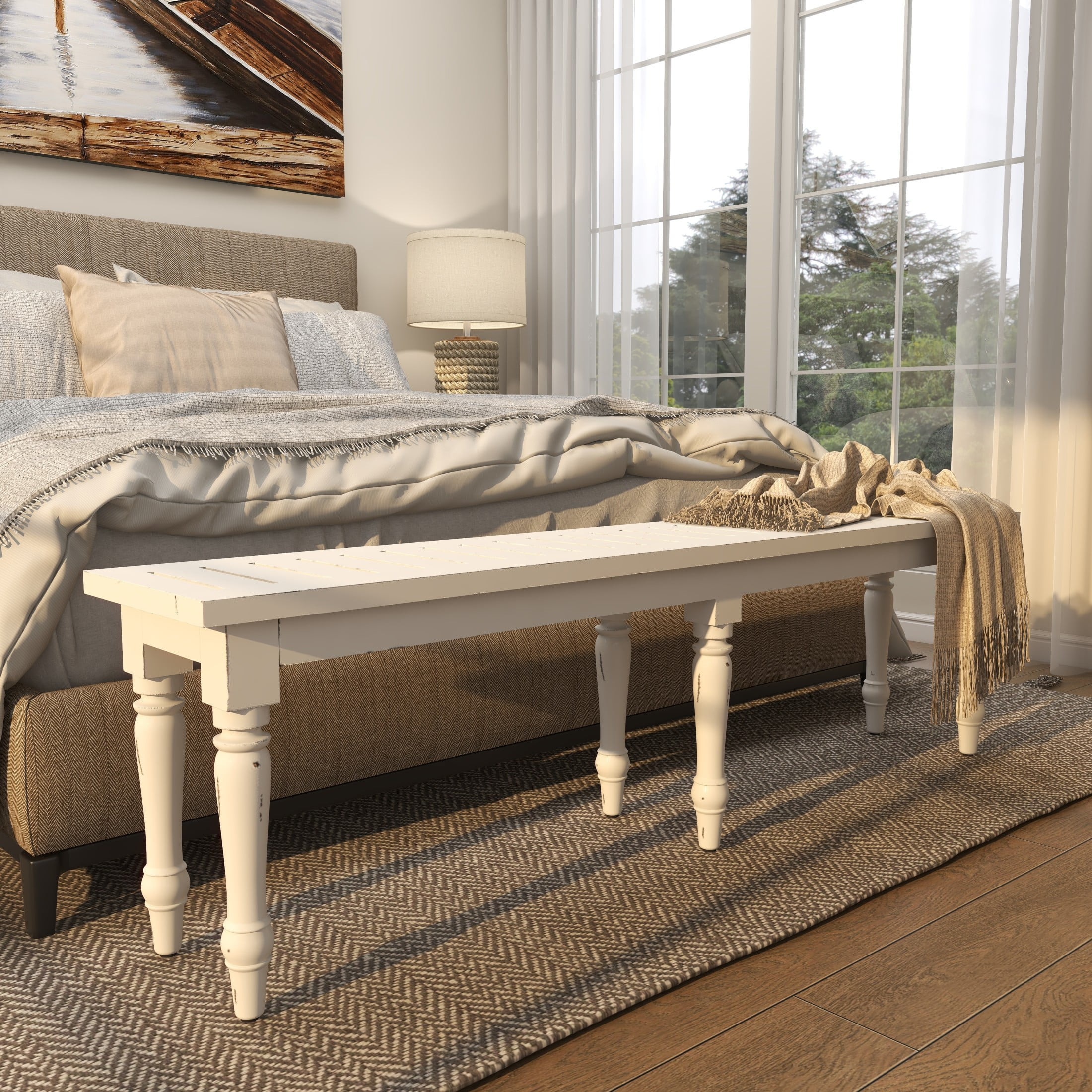 DecMode Wood Extra Long Distressed Slatted Bench with Turned Legs, White - Image 11