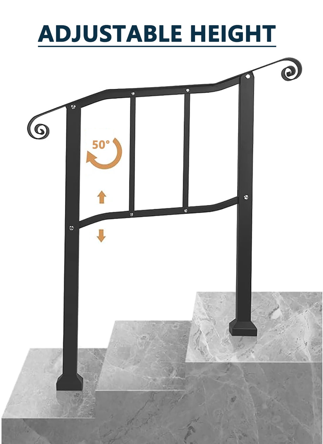 tonchean Iron Handrail for Stairs Fits 2 or 3 Steps, 39"L x 40"H Outdoor Stair Railing, Black - Image 9
