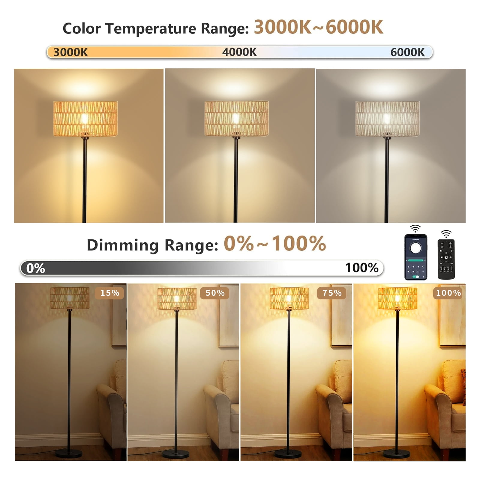 IHHIZLTT Floor Lamp for Living Room with 3 Color Temperatures, Remote & Dimmable,Woven Rattan Shades - Image 5