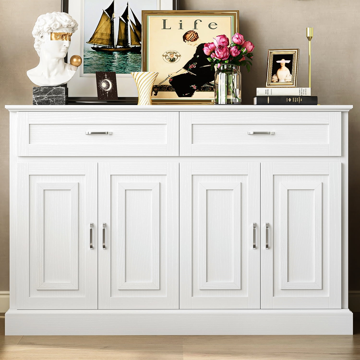 Homfa Modern Kitchen Sideboard Buffet Table, 4 Door 2 Drawer Wood Storage Cabinet Coffee Bar for Living Room Entryway, White - Image 3