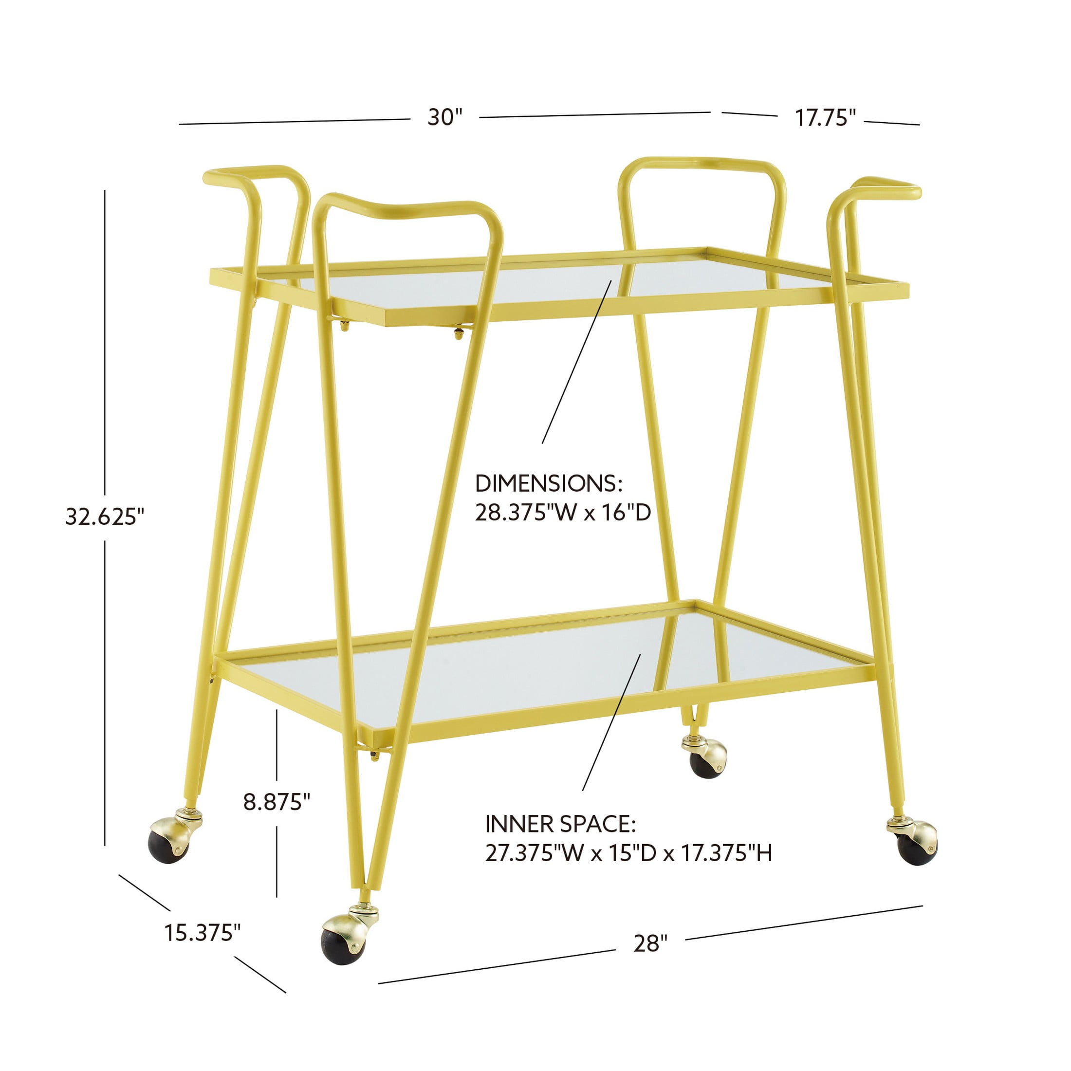Linon Lawsonia 2-Tier Mid-Century Mobile Bar Cart with Mirrored Top, 32.5" Tall, 27 lb, Yellow - Image 3