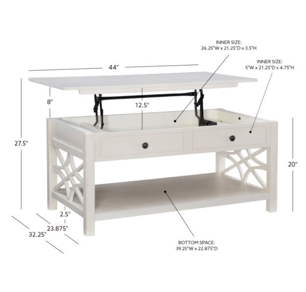 Linon Lift Top Storage Pine Wood Coffee Table, White - Image 13