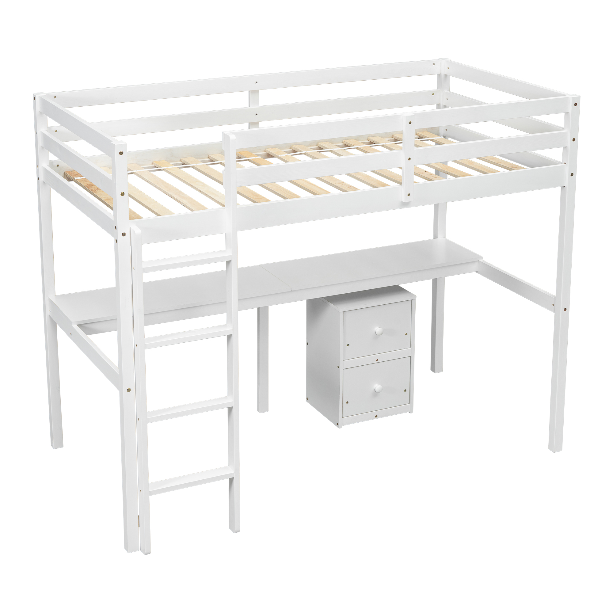 Miniyam Twin Size Loft Bed with Built-in Desk, Storage Cabinet for Kids and Teens, White - Image 7