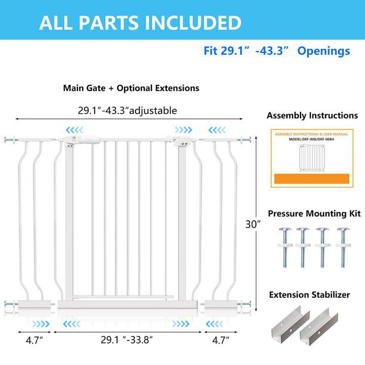 Extra Wide and Tall Baby Gate, Auto-Close and Hold-Open Pet Gates, Easy Walk Thru Indoor Safety Gate with 4 Pack of Pressure Mount Kit, Dog Gates for 29.1" - 43.3" openings - Image 3