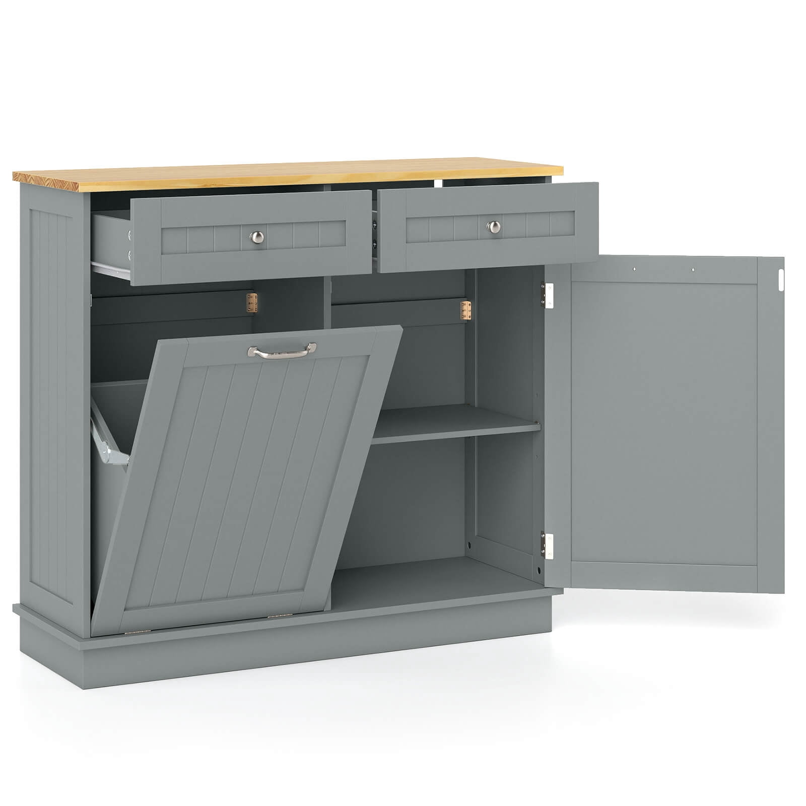 Costway 15.5 Gallon Kitchen Tilt Out Trash Cabinet Rubber Wood Tabletop 2 Drawers Shelf Gray - Image 3