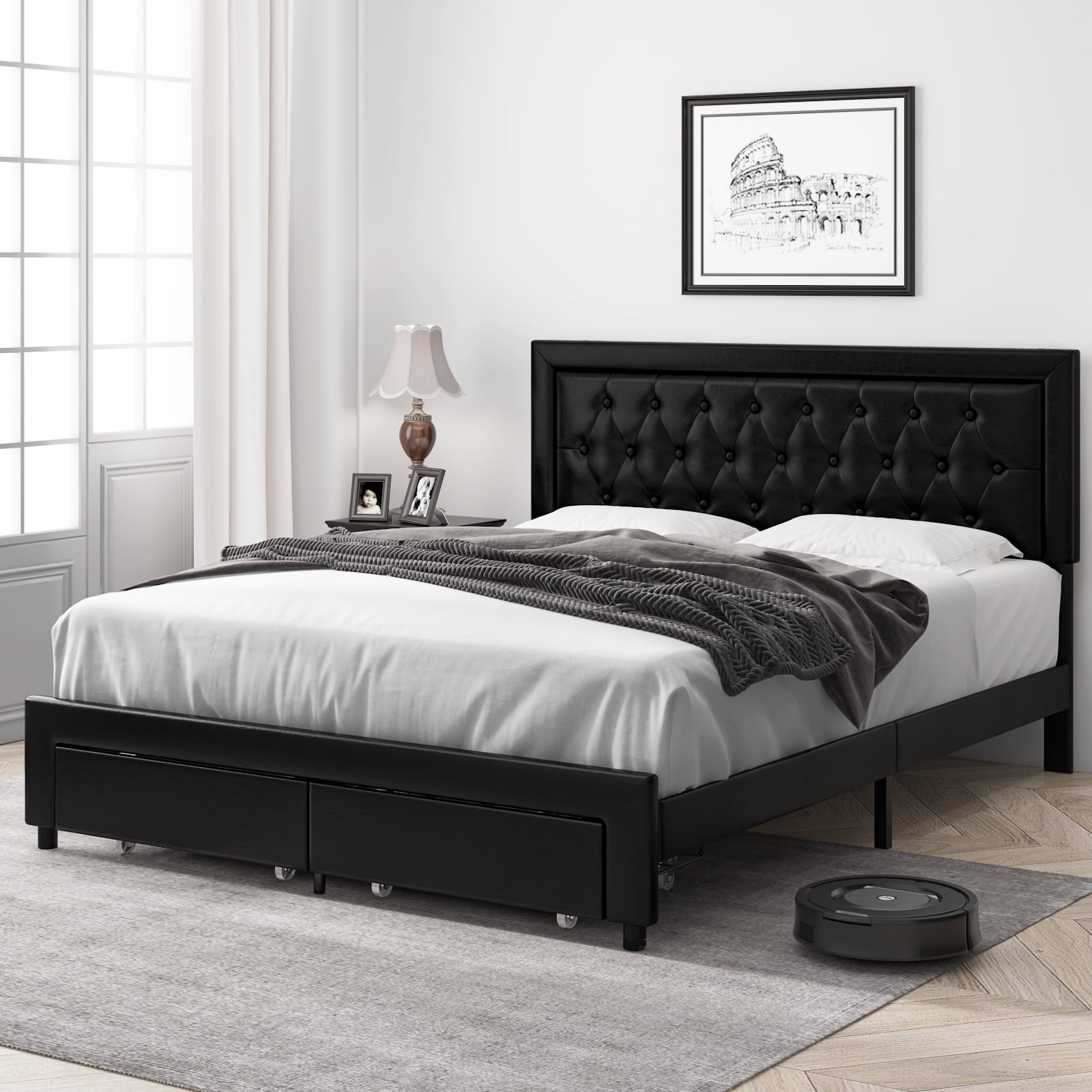 Homfa Queen Size 2 Drawers Bed Frame, PU Leather Upholstered Platform Bed with Adjustable Button Headboard, Black - Image 6