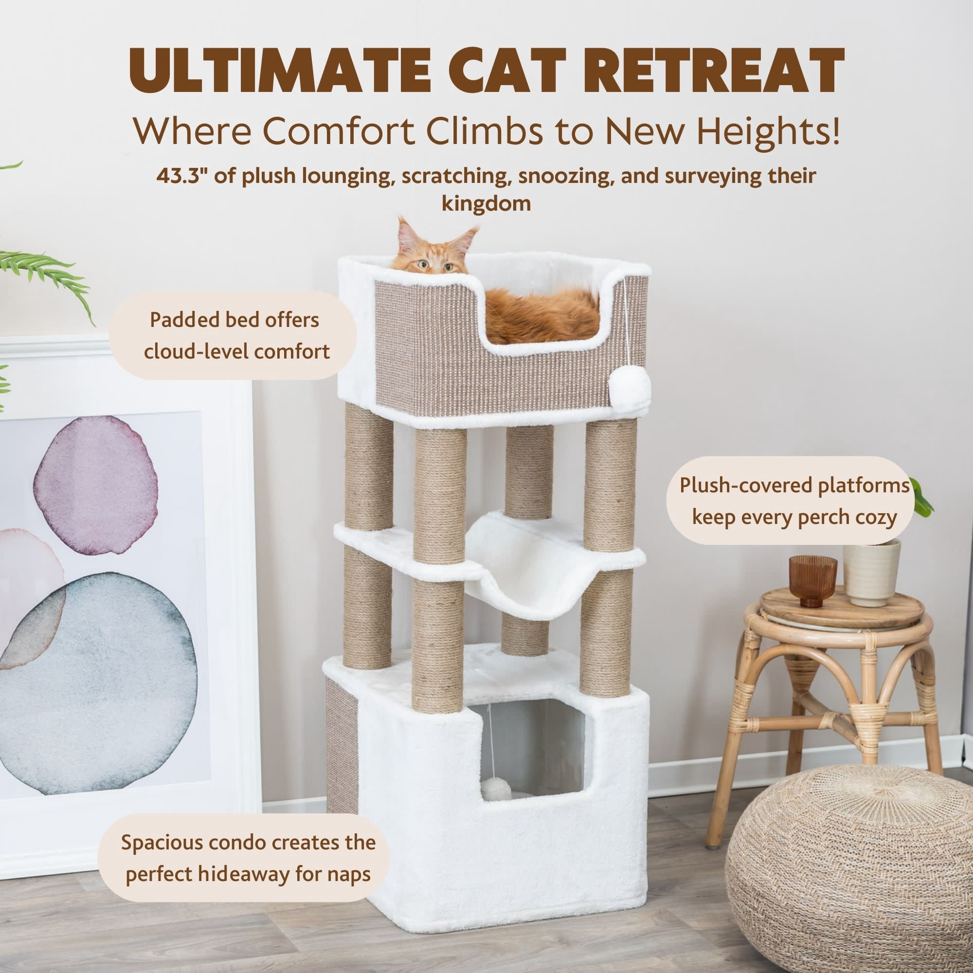 TRIXIE Lucano Xxl 43.3" Multi-Level Cat Tree with Sisal Scratching Posts, Condo & Hanging Cat Toy, Taupe - Image 4
