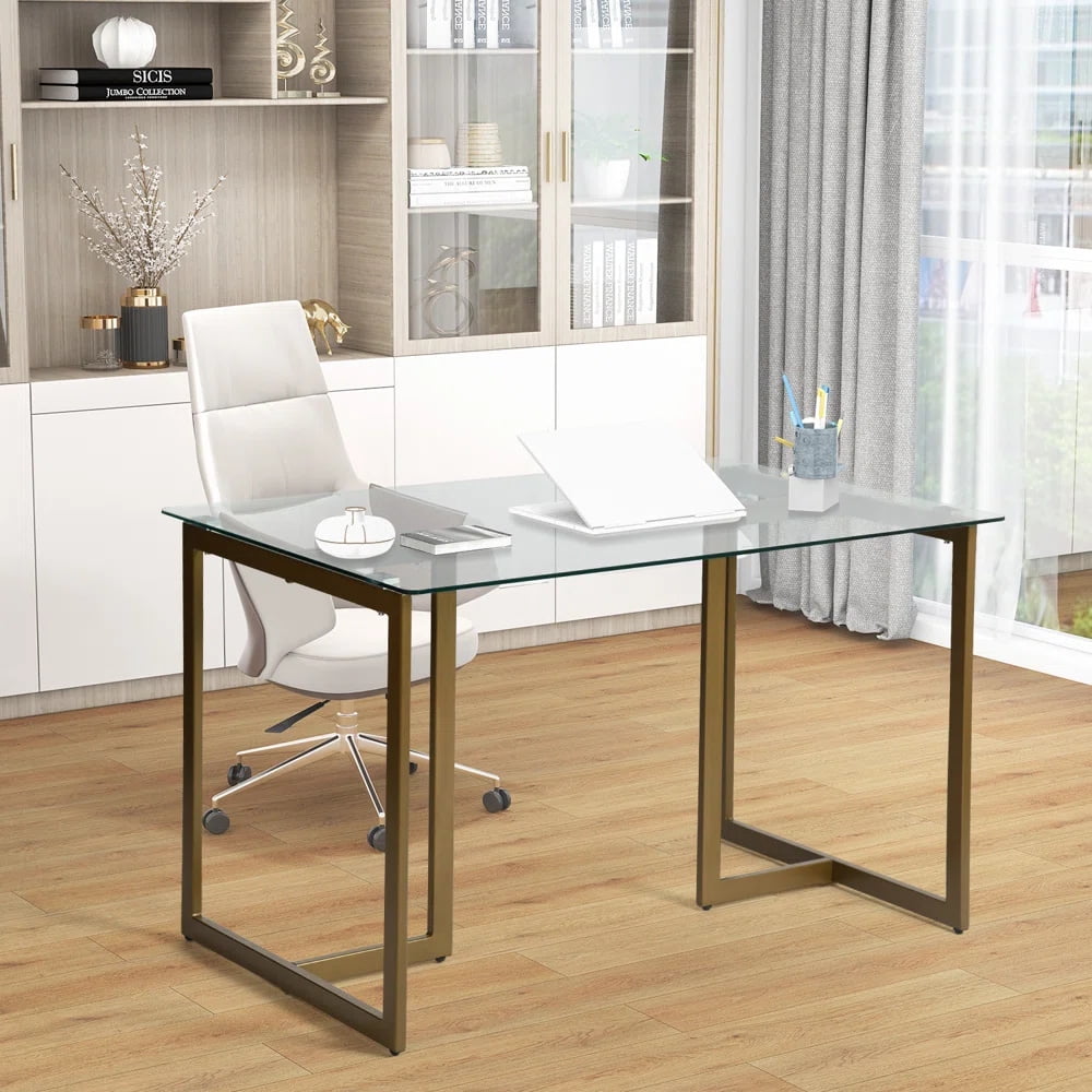 Homy Casa 47.2-inch Writing Desk with Tempered Glass Top Computer Desk for Home Office, Living Room - Image 3
