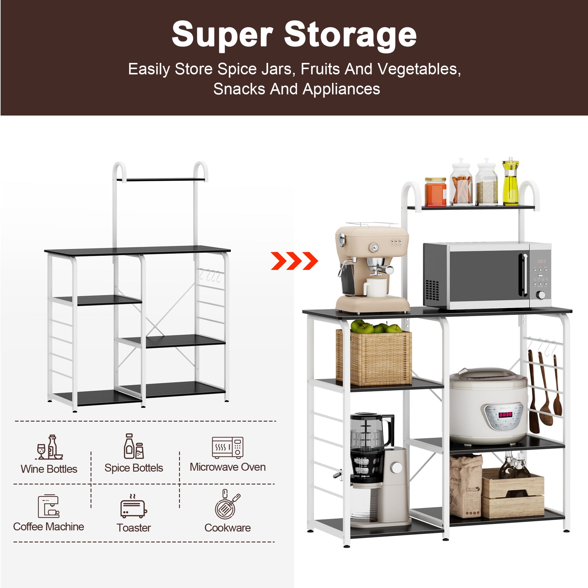 SOGES 4-Tier Kitchen Baker's Rack Utility Microwave Stand with 5 Hooks, Metal Storage Shelves, Black Walnut - Image 3