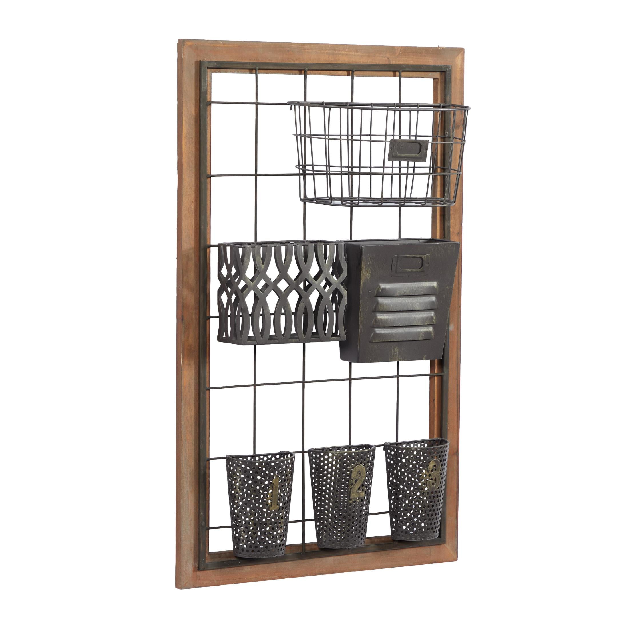 DecMode 32" Brown Metal Wall Storage Magazine Rack Holder with Suspended Baskets and Wood Frame - Image 7
